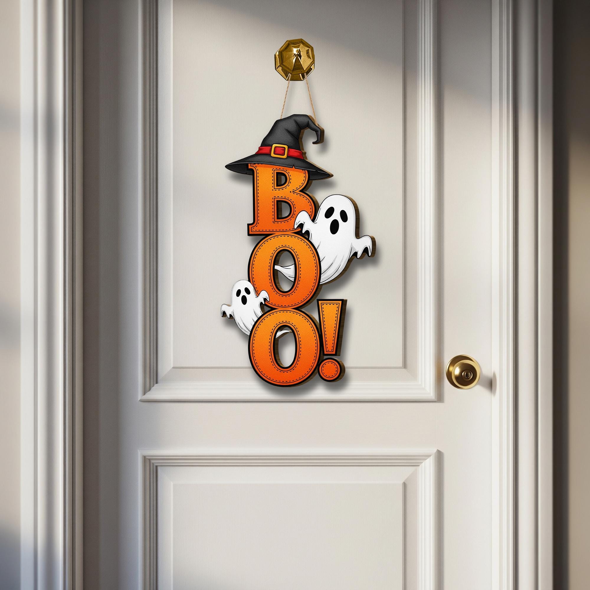Boo Halloween Door Hanger, Vertical Wood Sign with Ghosts, Spooky Cute Front Door Decor, Witch Hat Wreath, Fall Porch Decoration