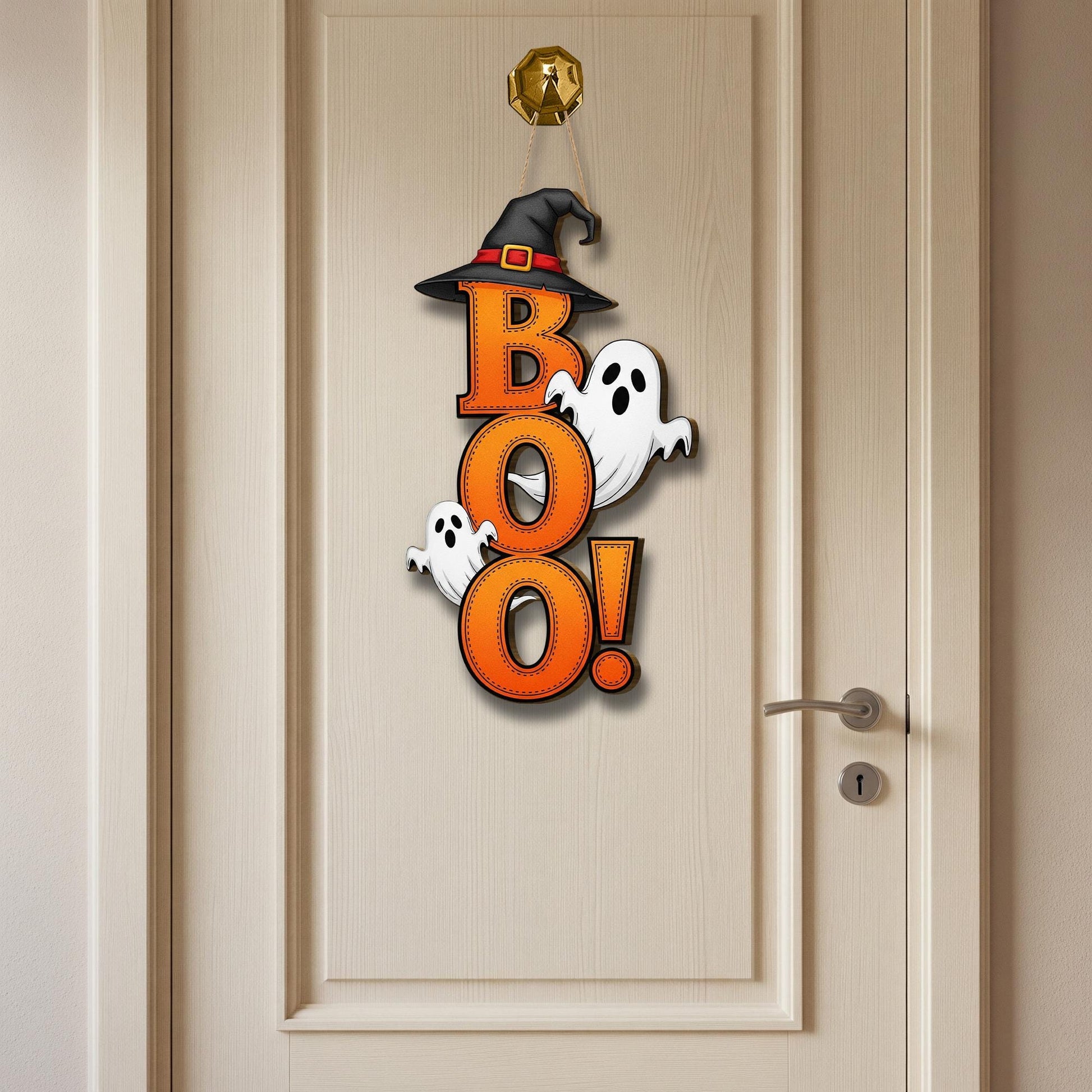 Boo Halloween Door Hanger, Vertical Wood Sign with Ghosts, Spooky Cute Front Door Decor, Witch Hat Wreath, Fall Porch Decoration
