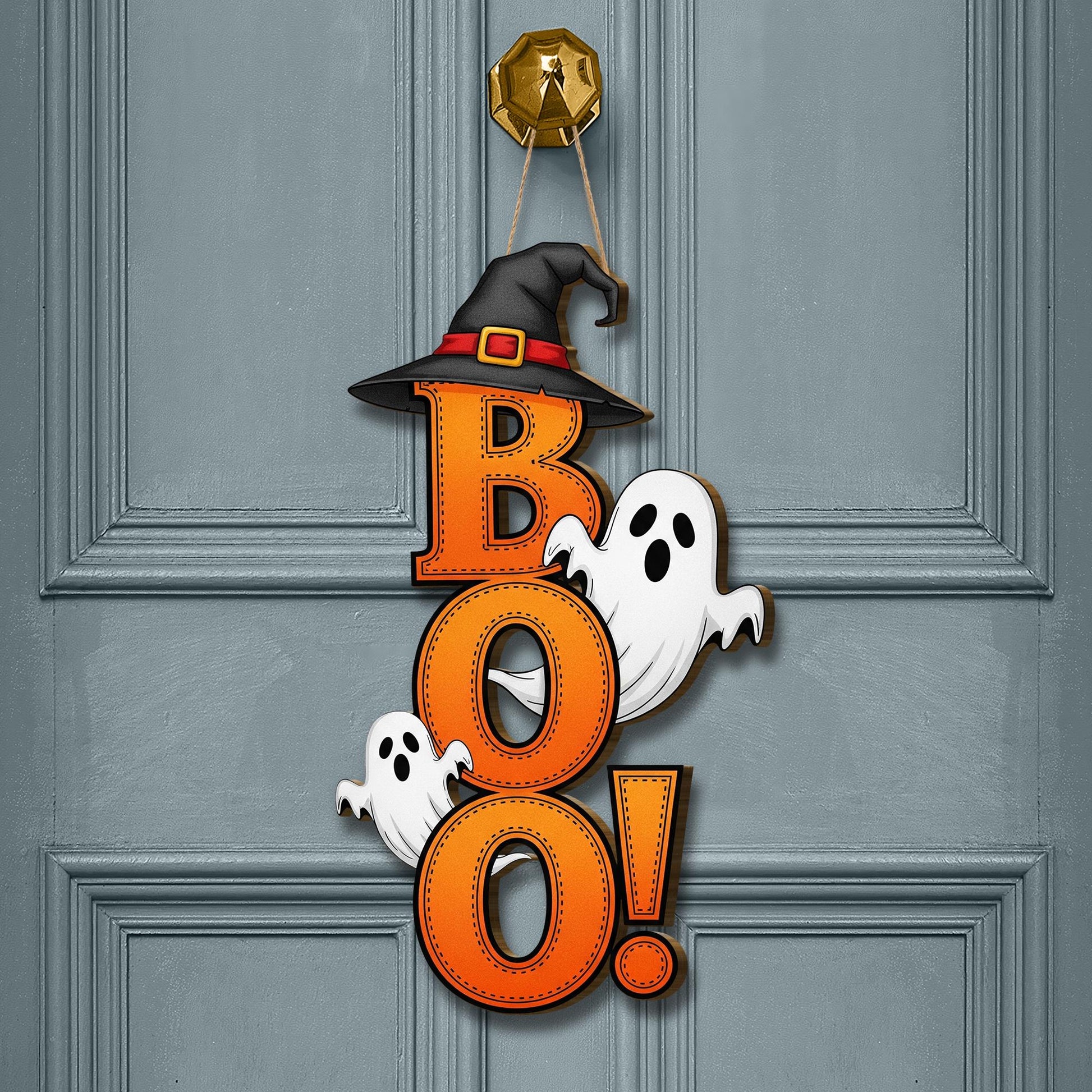 Boo Halloween Door Hanger, Vertical Wood Sign with Ghosts, Spooky Cute Front Door Decor, Witch Hat Wreath, Fall Porch Decoration