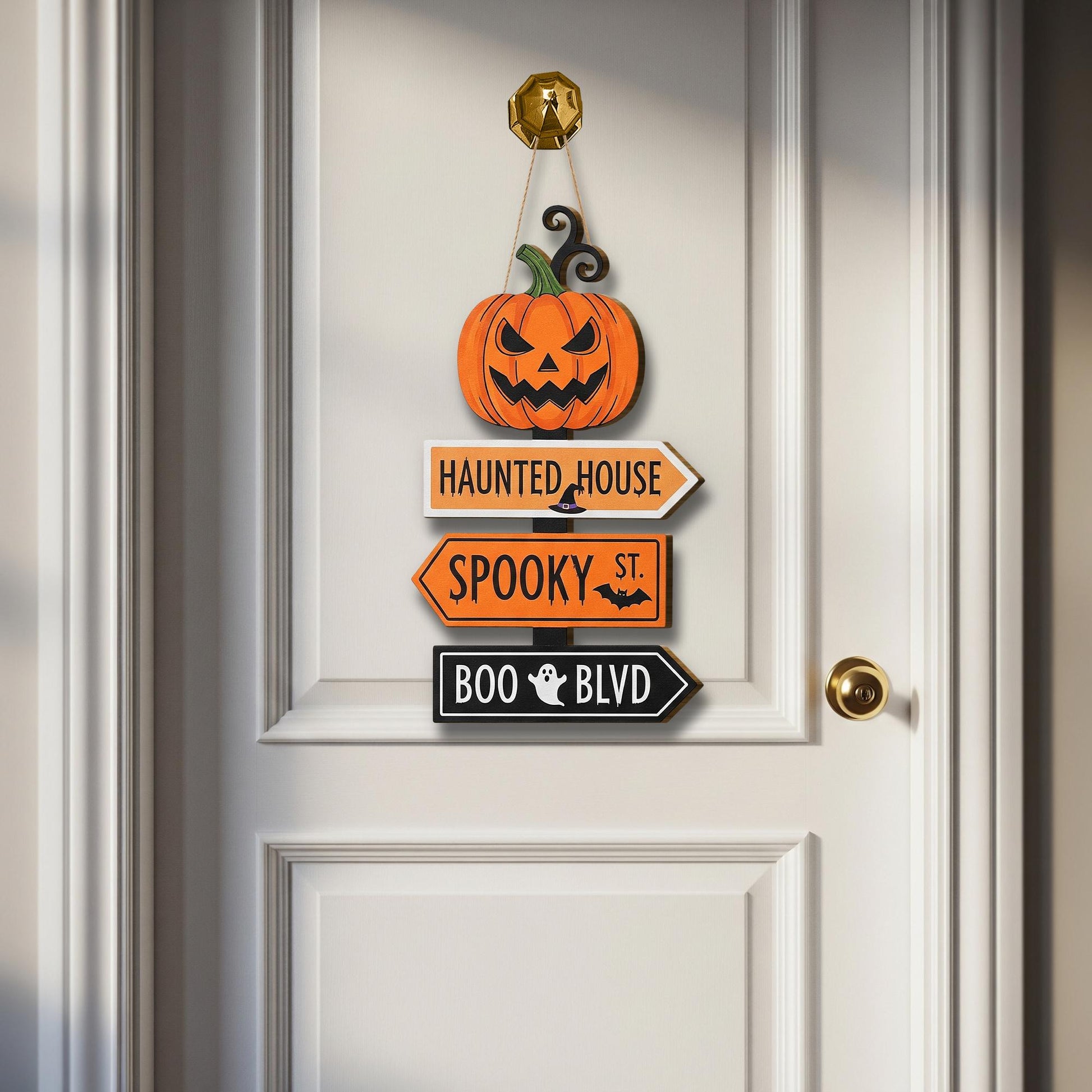 Halloween Directional Sign, Spooky Pumpkin Door Hanger, Haunted House Wood Decor, Jack O' Lantern Front Door Wreath, Fall Porch Sign