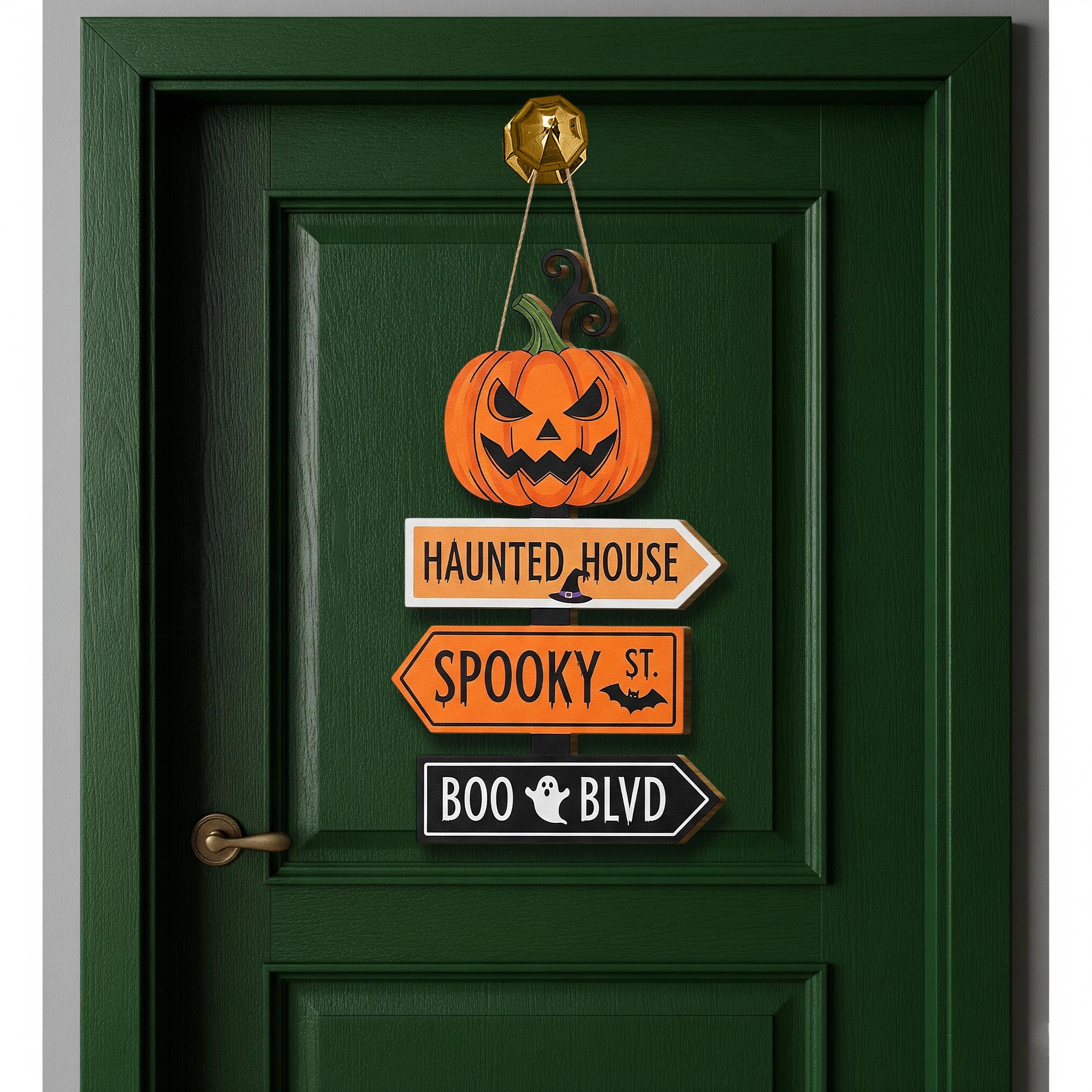 Halloween Directional Sign, Spooky Pumpkin Door Hanger, Haunted House Wood Decor, Jack O' Lantern Front Door Wreath, Fall Porch Sign