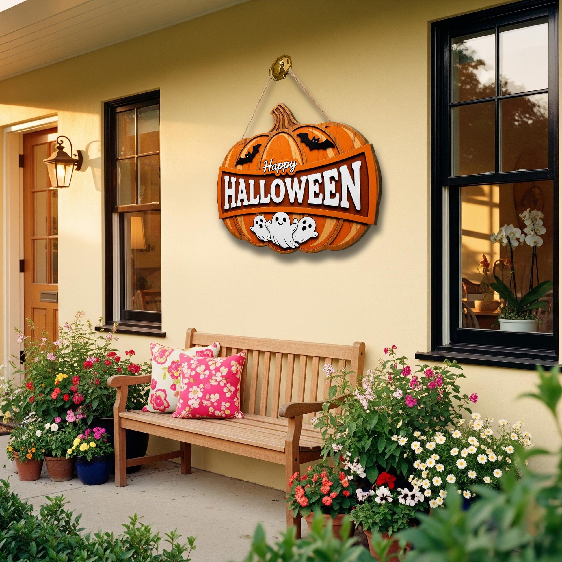 Happy Halloween Sign, Wooden Pumpkin Door Hanger with Ghosts, Rustic Front Door Decor, 3D Farmhouse Porch Sign, Spooky Cute Wreath