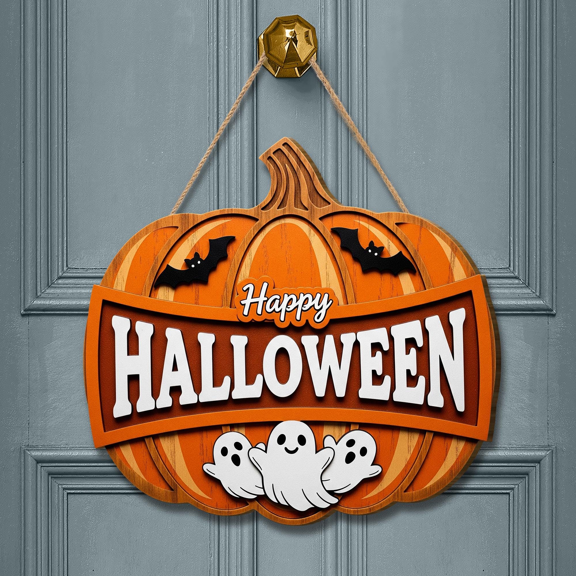 Happy Halloween Sign, Wooden Pumpkin Door Hanger with Ghosts, Rustic Front Door Decor, 3D Farmhouse Porch Sign, Spooky Cute Wreath