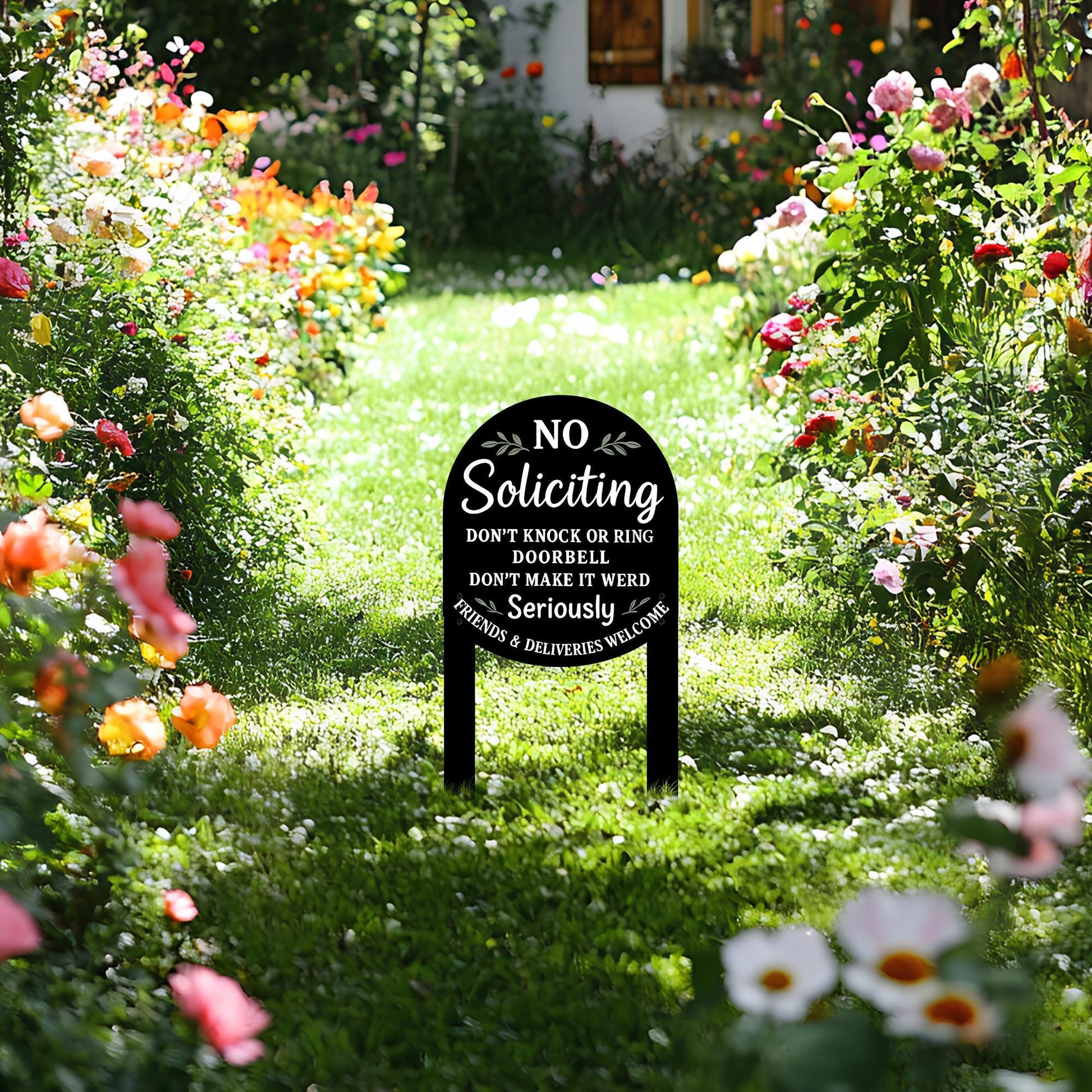 Funny No Soliciting Yard Sign, Metal Garden Stake for Front Lawn, Don’t Knock Doorbell Sign, Delivery Welcome Outdoor Decor