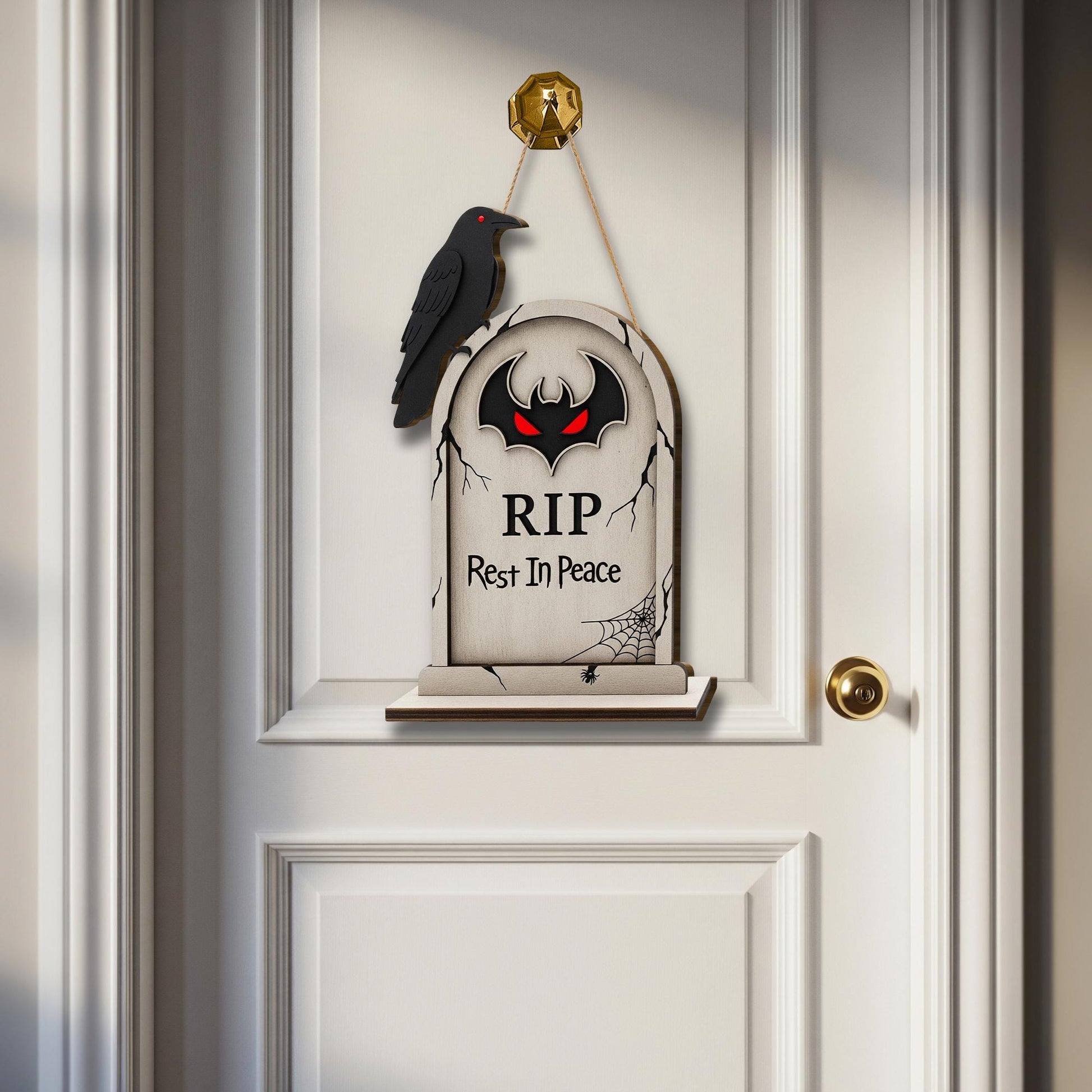 Tombstone Door Hanger, RIP Rest In Peace Sign, Spooky Halloween Decor with Crow, Gothic Front Door Wreath, Gravestone Porch Sign