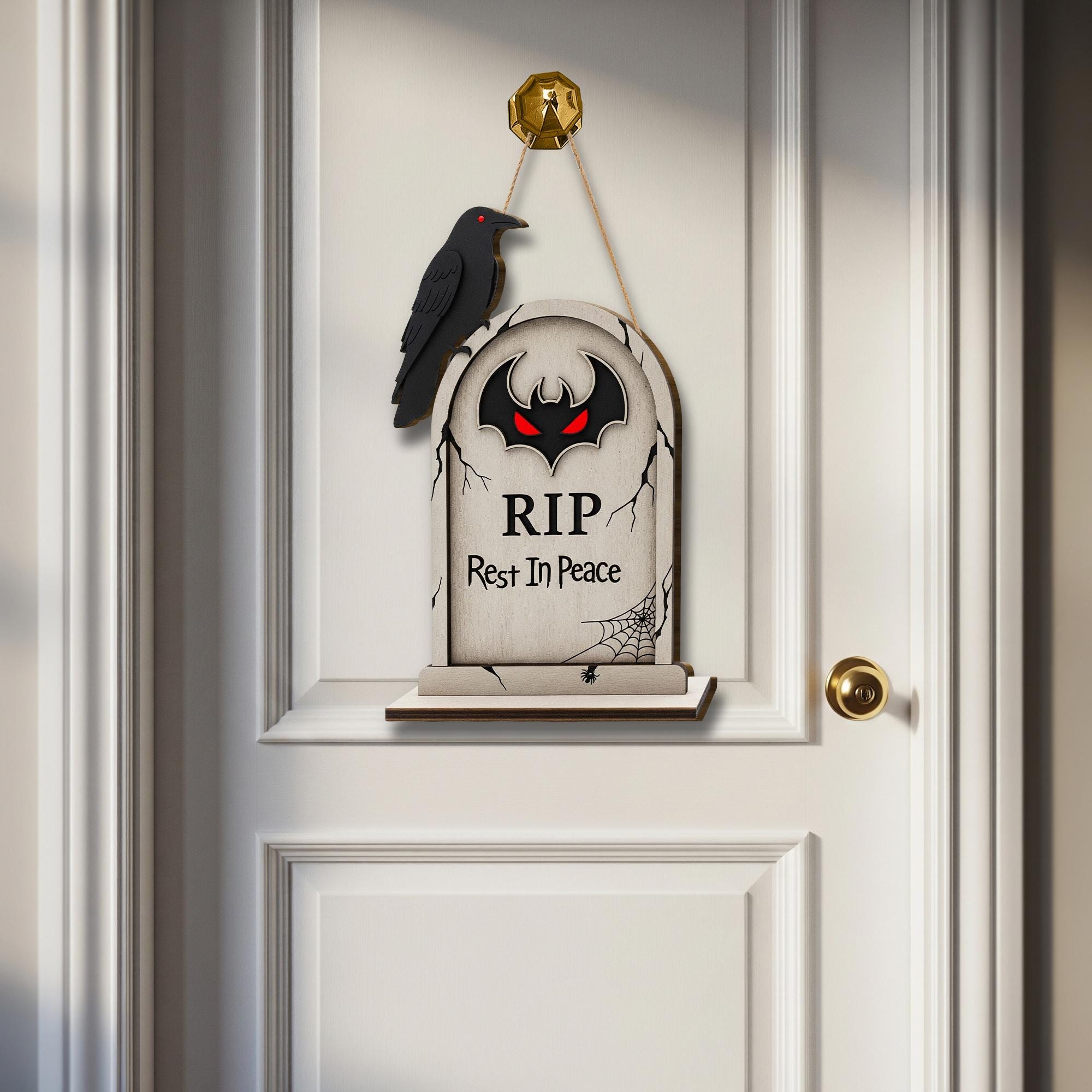 Tombstone Door Hanger, RIP Rest In Peace Sign, Spooky Halloween Decor with Crow, Gothic Front Door Wreath, Gravestone Porch Sign