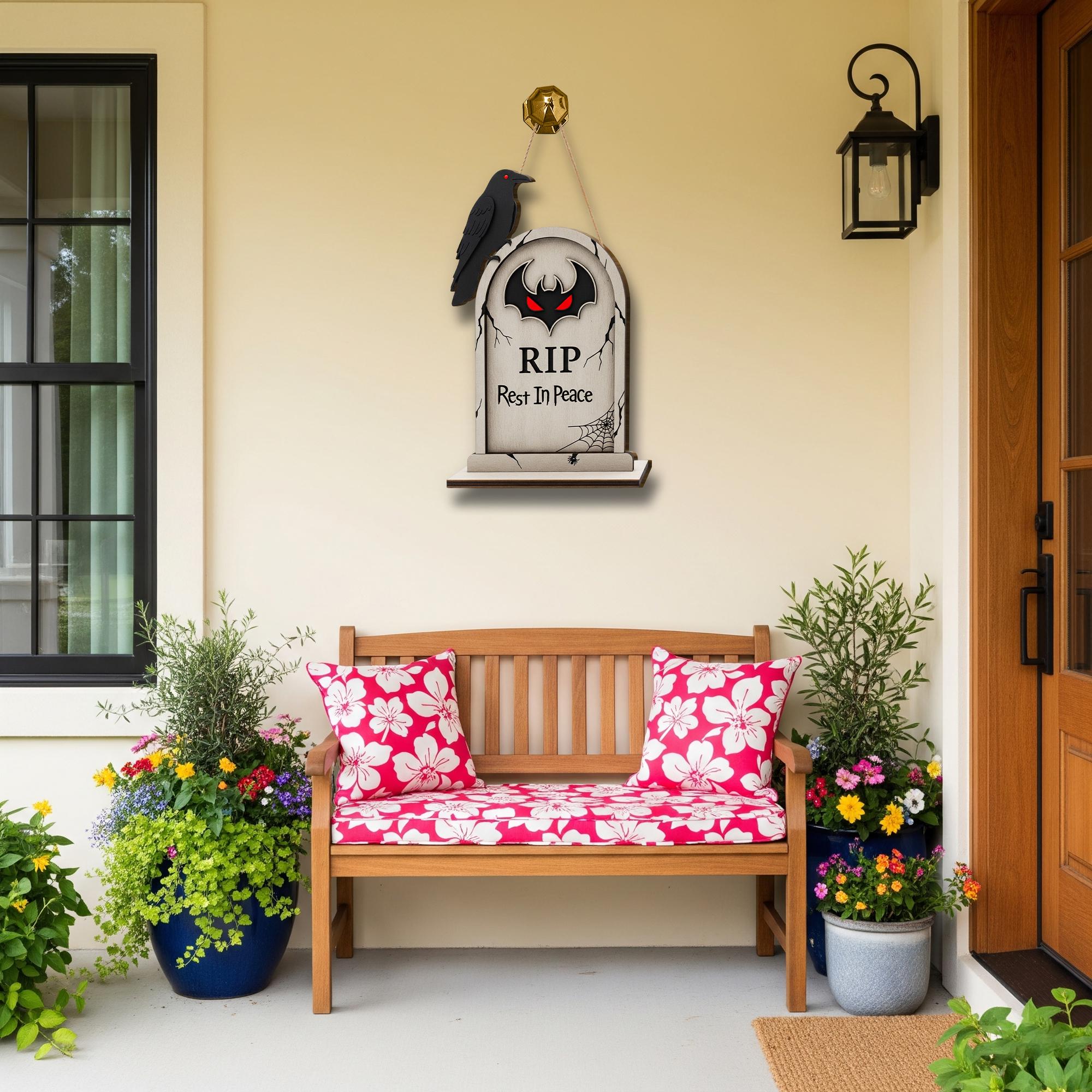 Tombstone Door Hanger, RIP Rest In Peace Sign, Spooky Halloween Decor with Crow, Gothic Front Door Wreath, Gravestone Porch Sign