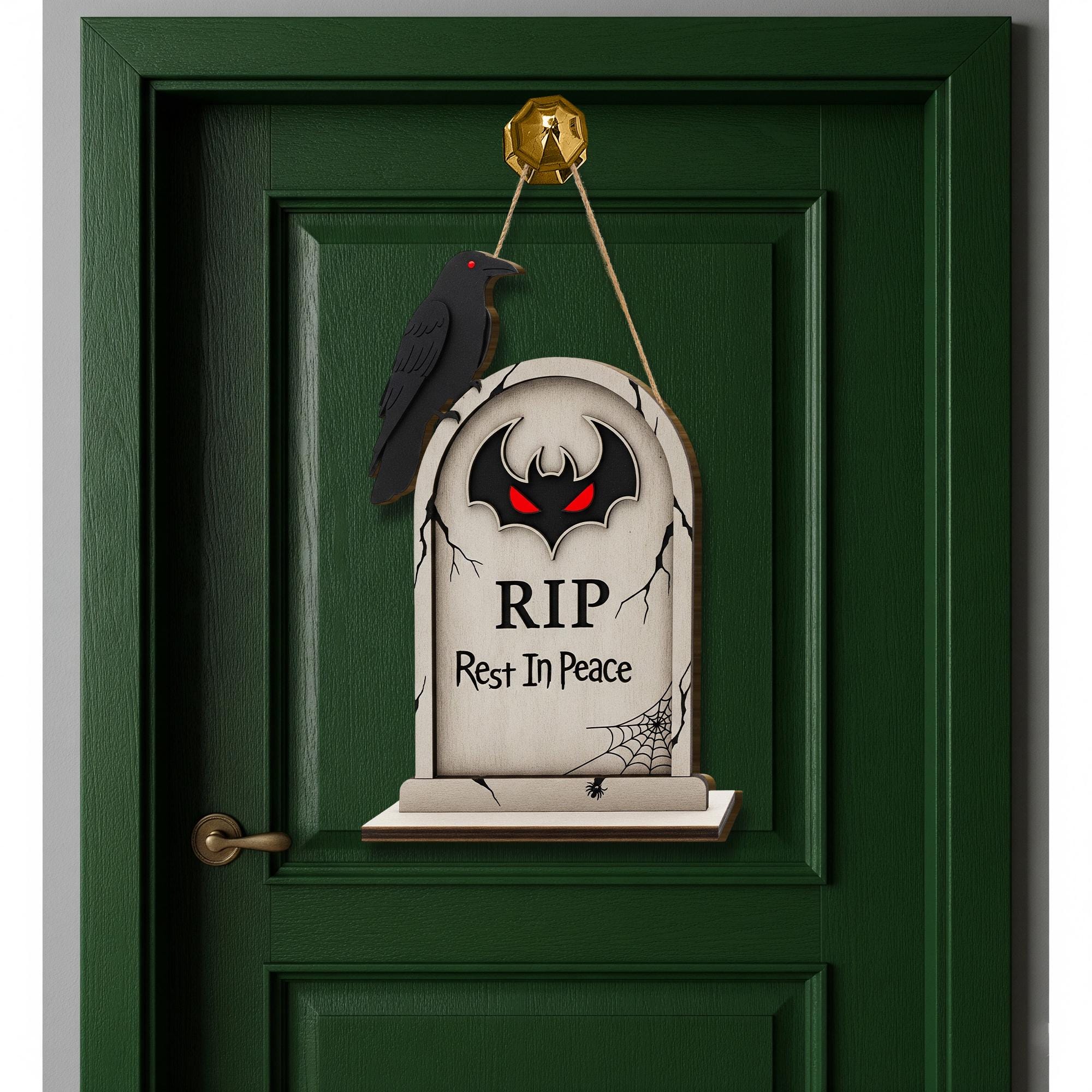 Tombstone Door Hanger, RIP Rest In Peace Sign, Spooky Halloween Decor with Crow, Gothic Front Door Wreath, Gravestone Porch Sign