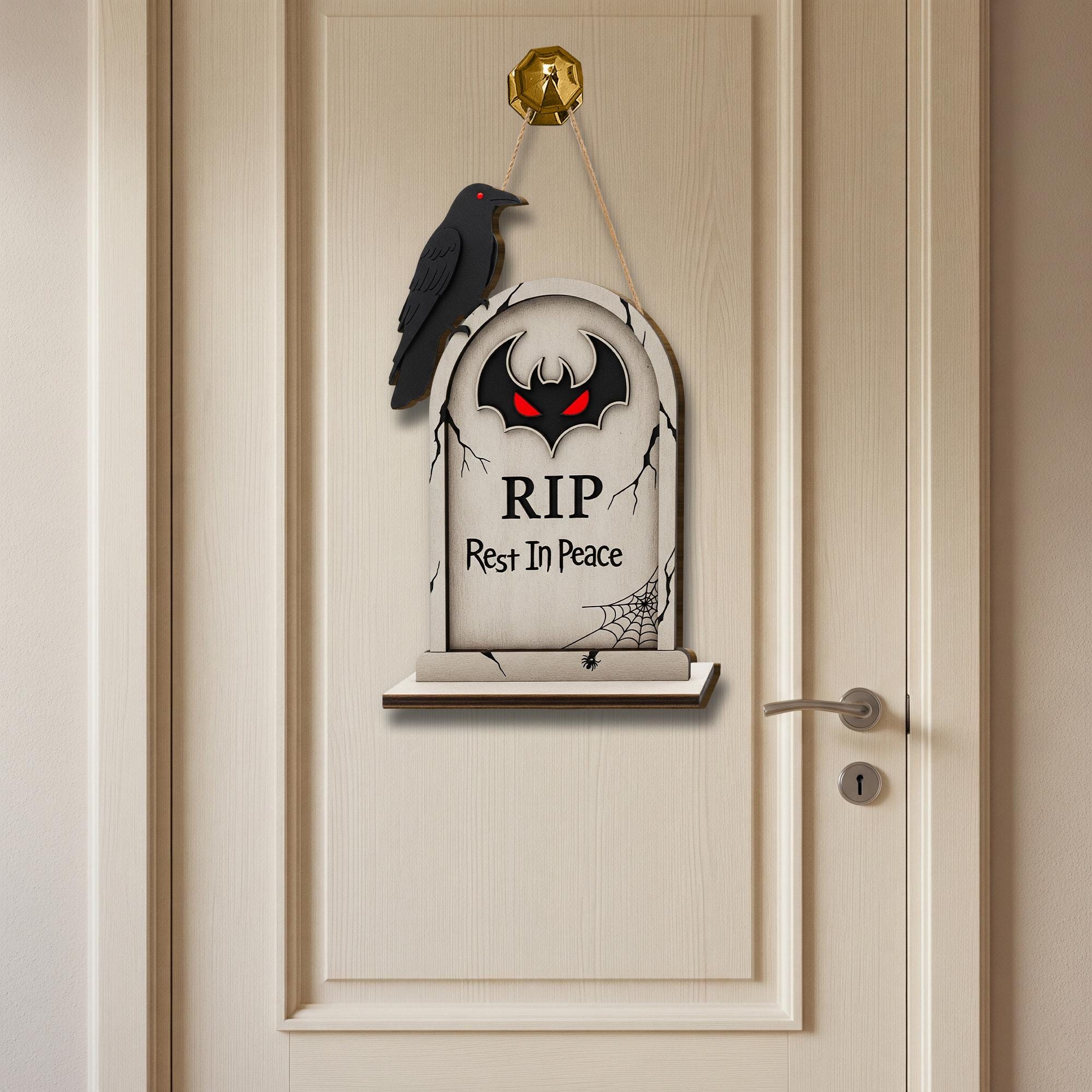 Tombstone Door Hanger, RIP Rest In Peace Sign, Spooky Halloween Decor with Crow, Gothic Front Door Wreath, Gravestone Porch Sign