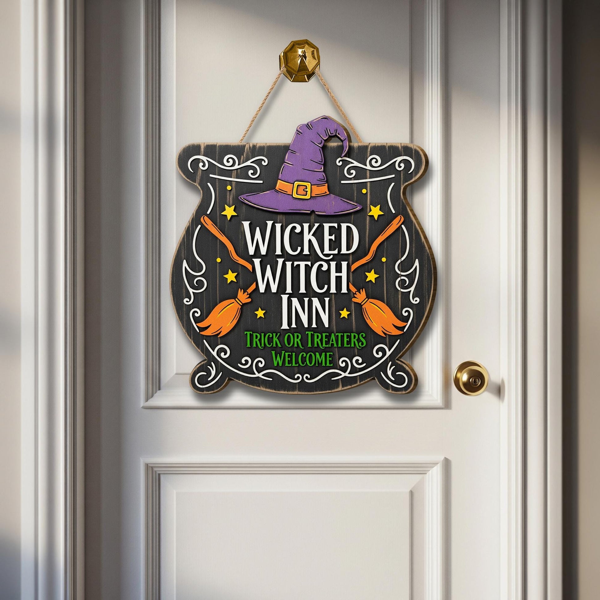 Wicked Witch Inn Sign, Halloween Cauldron Door Hanger, Spooky Front Door Decor, Trick or Treaters Welcome Wreath, Witchy Porch Sign