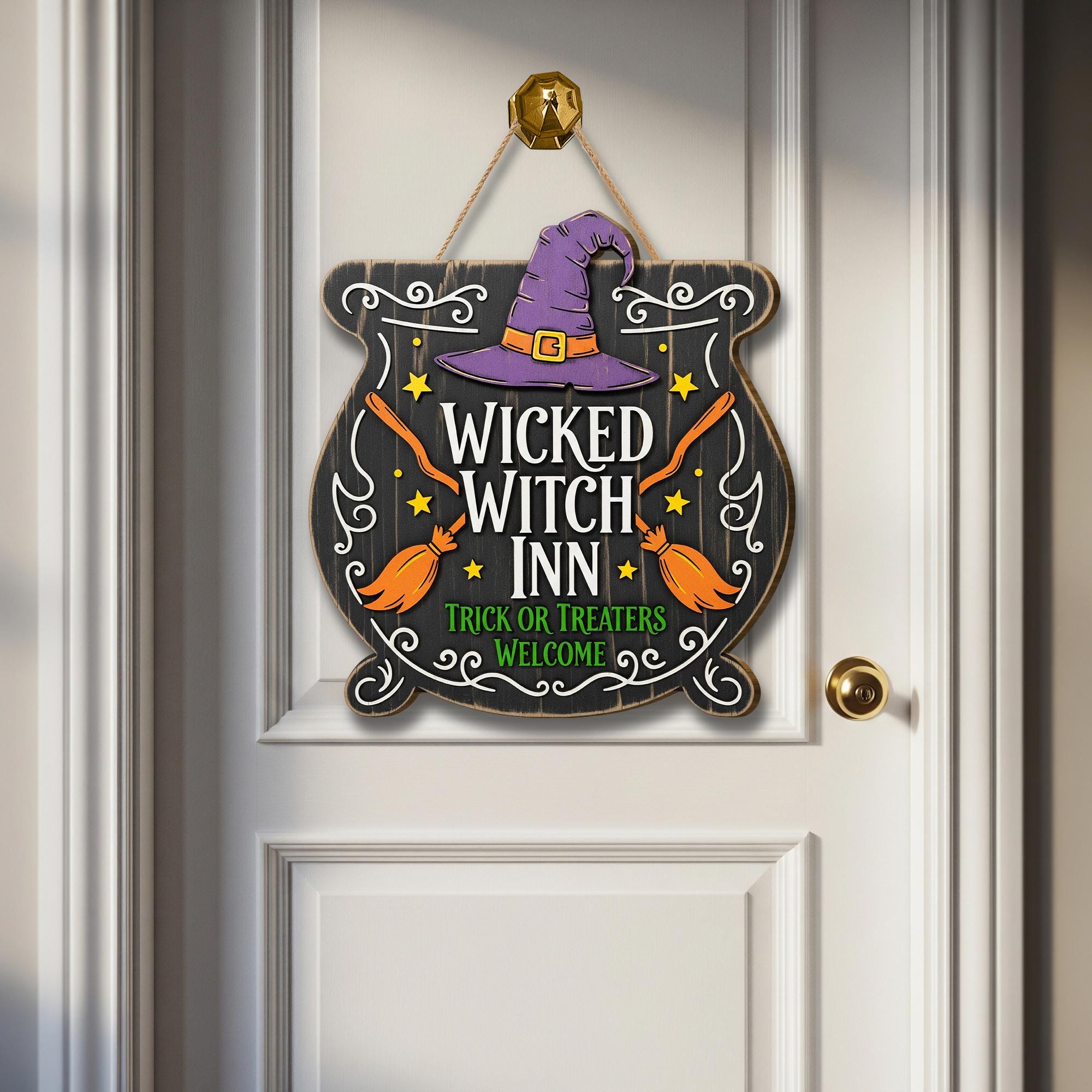 Wicked Witch Inn Sign, Halloween Cauldron Door Hanger, Spooky Front Door Decor, Trick or Treaters Welcome Wreath, Witchy Porch Sign