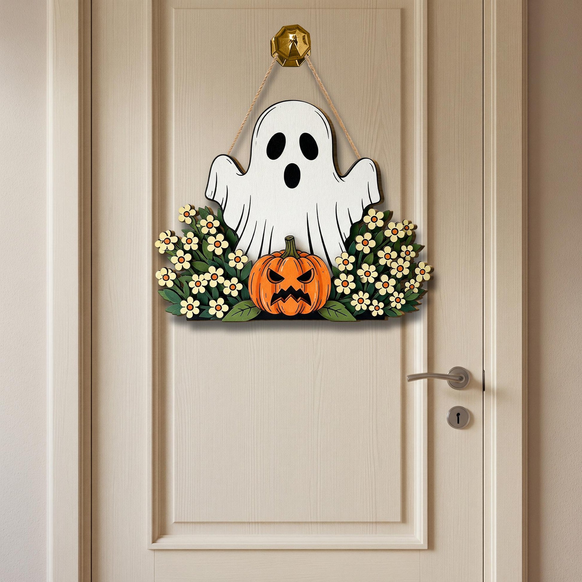 Ghost in Flowers Door Hanger, Spooky Floral Halloween Decor, Wooden Pumpkin Sign, Cottagecore Front Door Wreath, Cute Ghost Wall Art