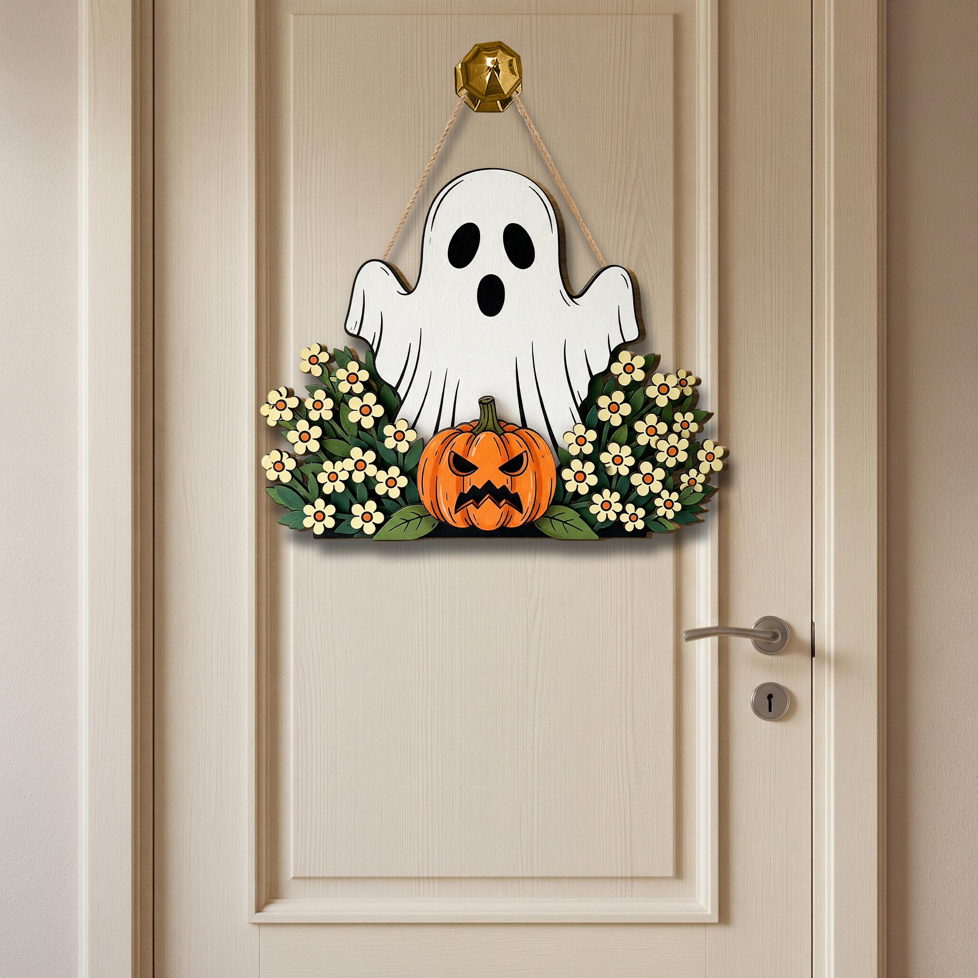Ghost in Flowers Door Hanger, Spooky Floral Halloween Decor, Wooden Pumpkin Sign, Cottagecore Front Door Wreath, Cute Ghost Wall Art