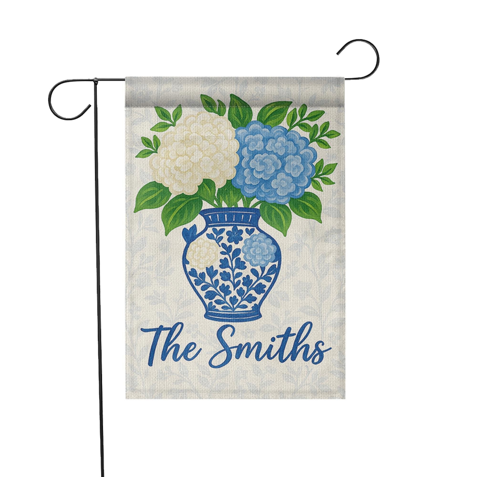Personalized Garden Flag with Hydrangea Flowers – Custom Family Name Chinoiserie Vase Yard Sign – Outdoor Decor – Blue Floral Welcome Flag