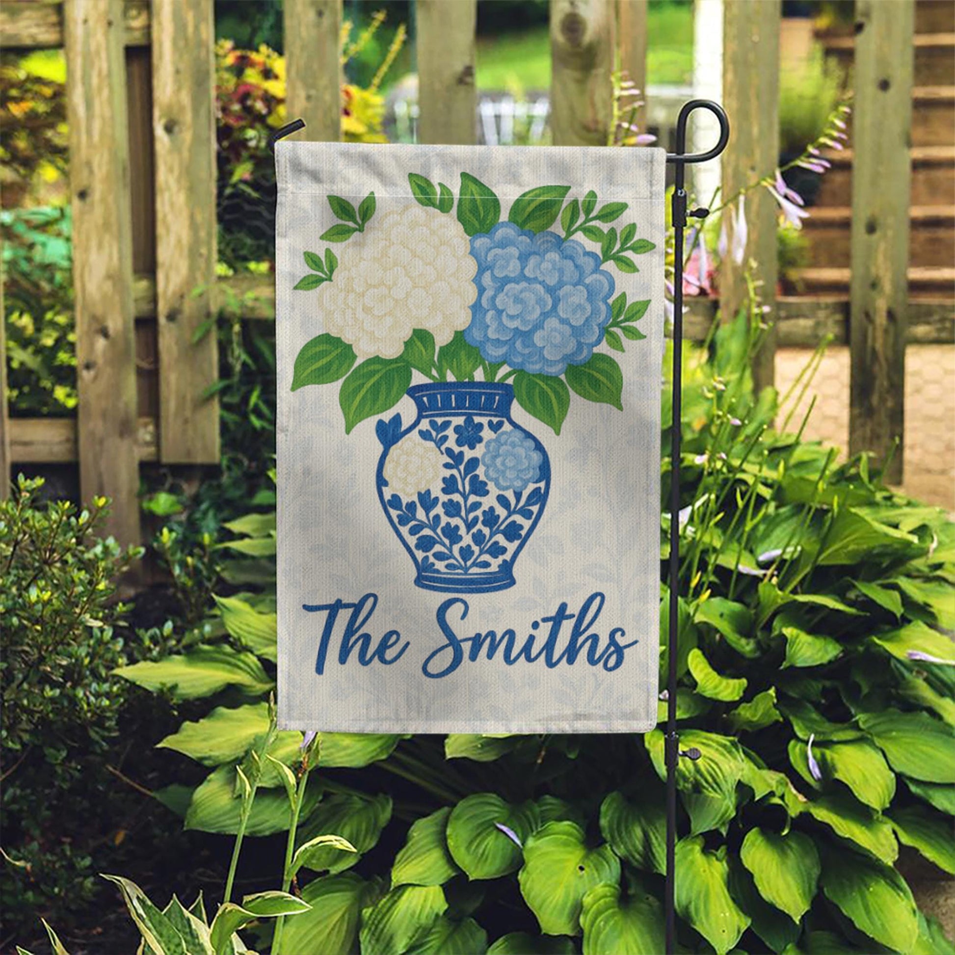 Personalized Garden Flag with Hydrangea Flowers – Custom Family Name Chinoiserie Vase Yard Sign – Outdoor Decor – Blue Floral Welcome Flag