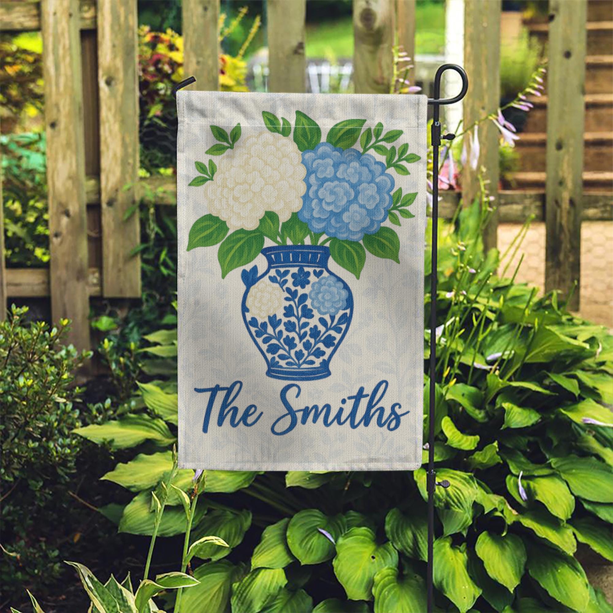 Personalized Garden Flag with Hydrangea Flowers – Custom Family Name Chinoiserie Vase Yard Sign – Outdoor Decor – Blue Floral Welcome Flag