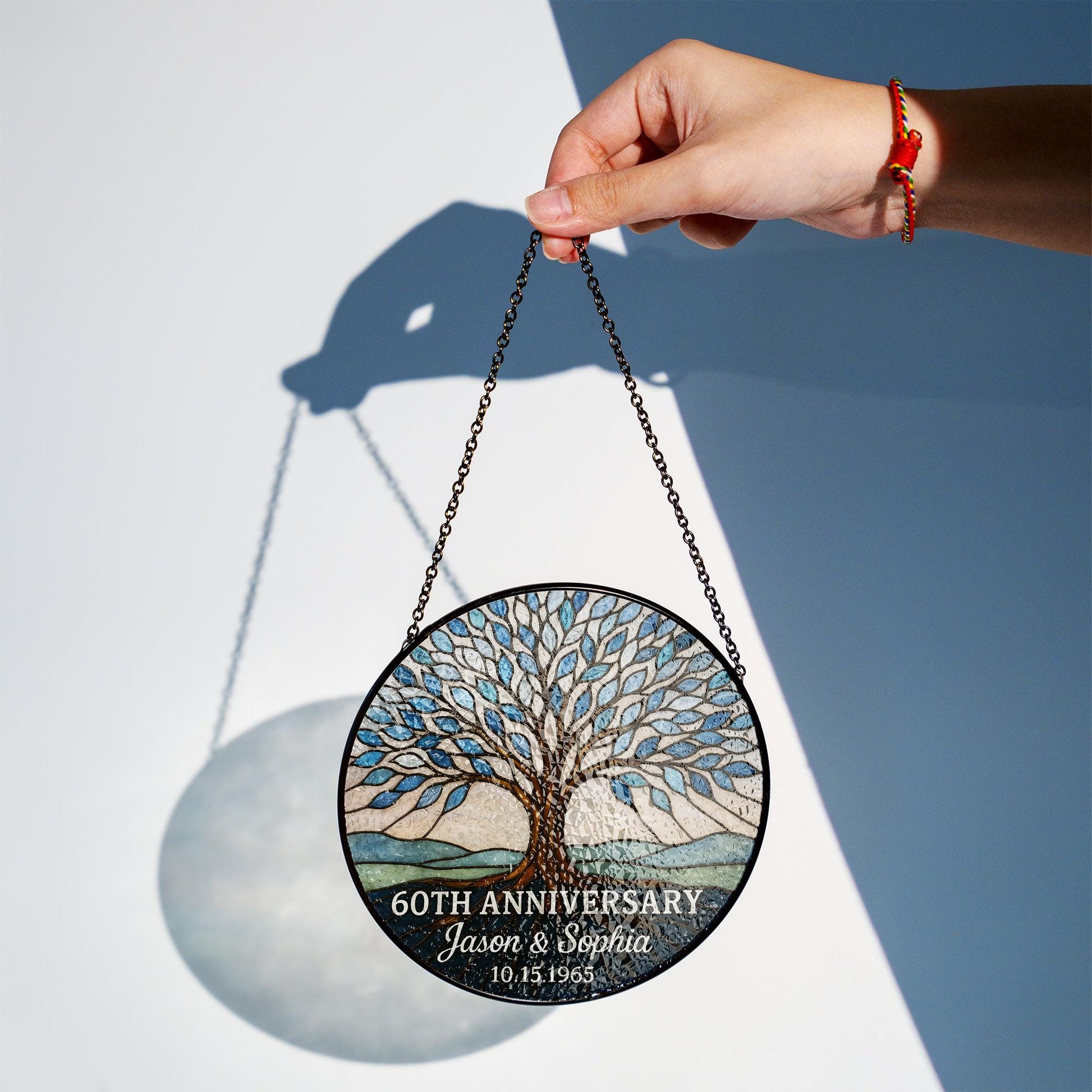 Custom Anniversary Tree Suncatcher, Personalized Glass Gift, Family Tree Sun Catcher, 60th Anniversary Gift for Parents