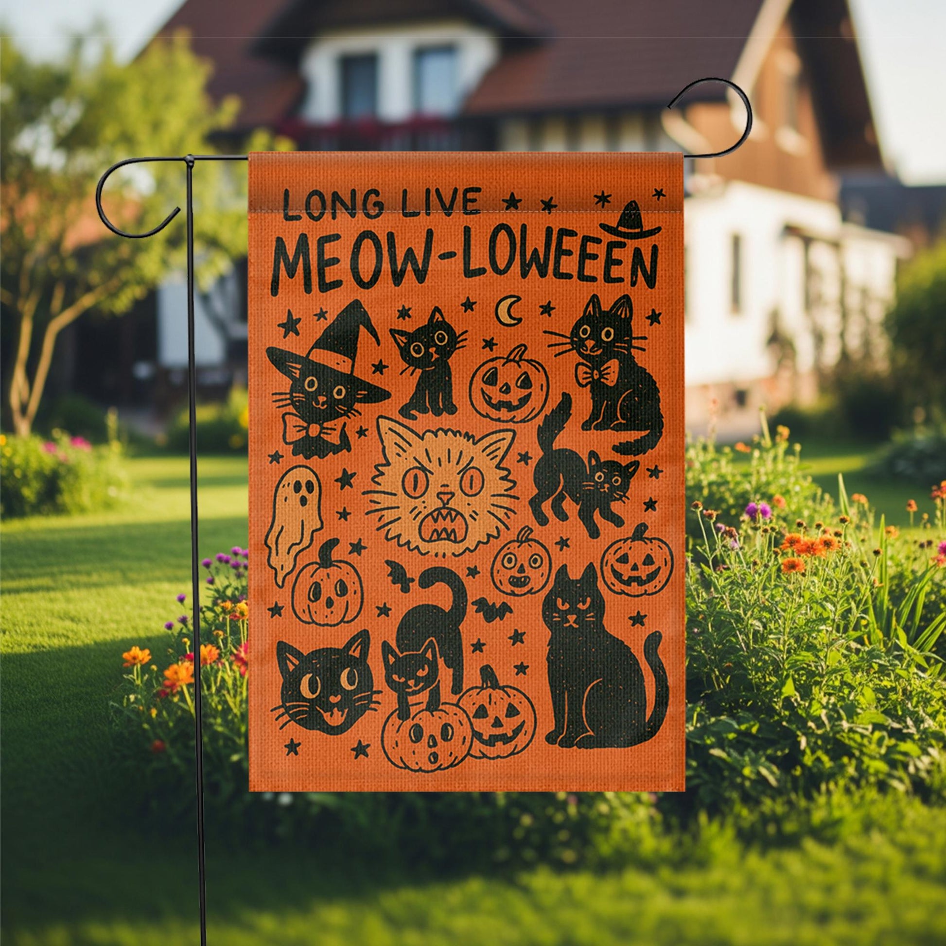 Meowloween Garden Flag, Halloween Cat Yard Flag, Cute Black Cat Pumpkin Outdoor Decor, Funny Spooky Fall Porch Decoration