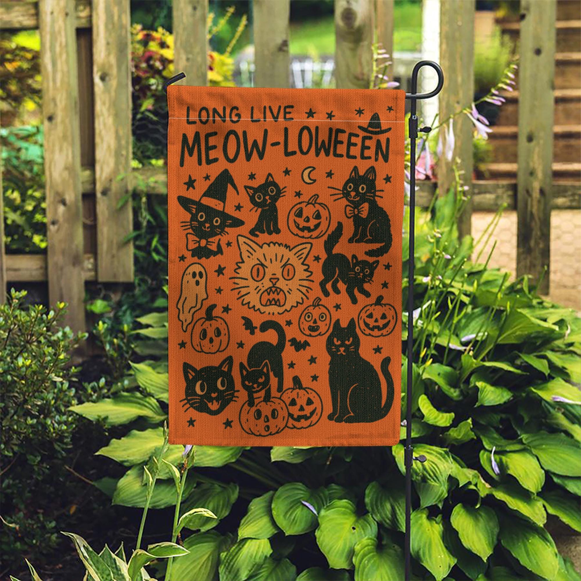 Meowloween Garden Flag, Halloween Cat Yard Flag, Cute Black Cat Pumpkin Outdoor Decor, Funny Spooky Fall Porch Decoration