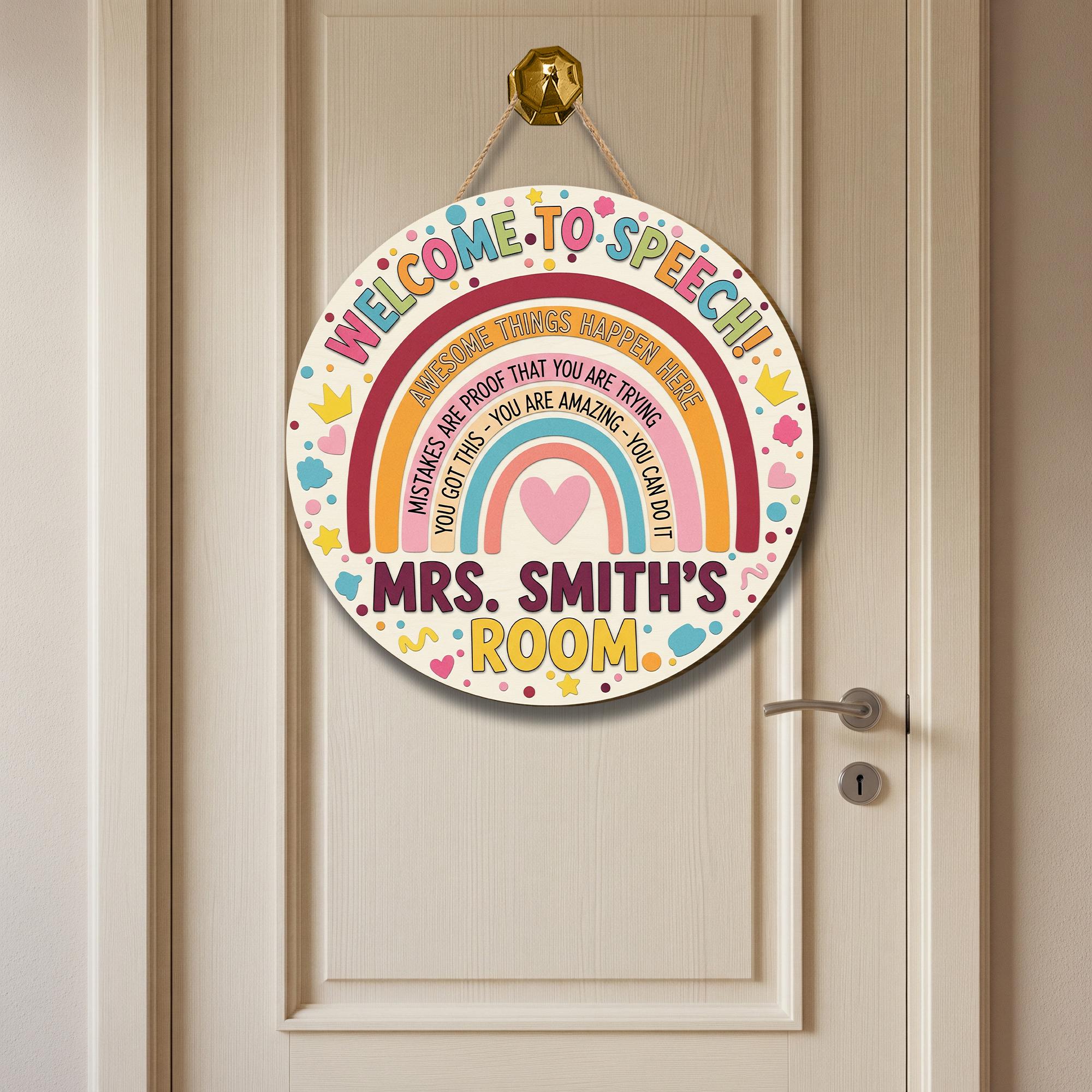 Custom Welcome to Speech Room 3D Laser Cut Door Sign, Rainbow Door Decor – SLP Office Sign – Speech Therapy Room Wall Hanging for Teachers