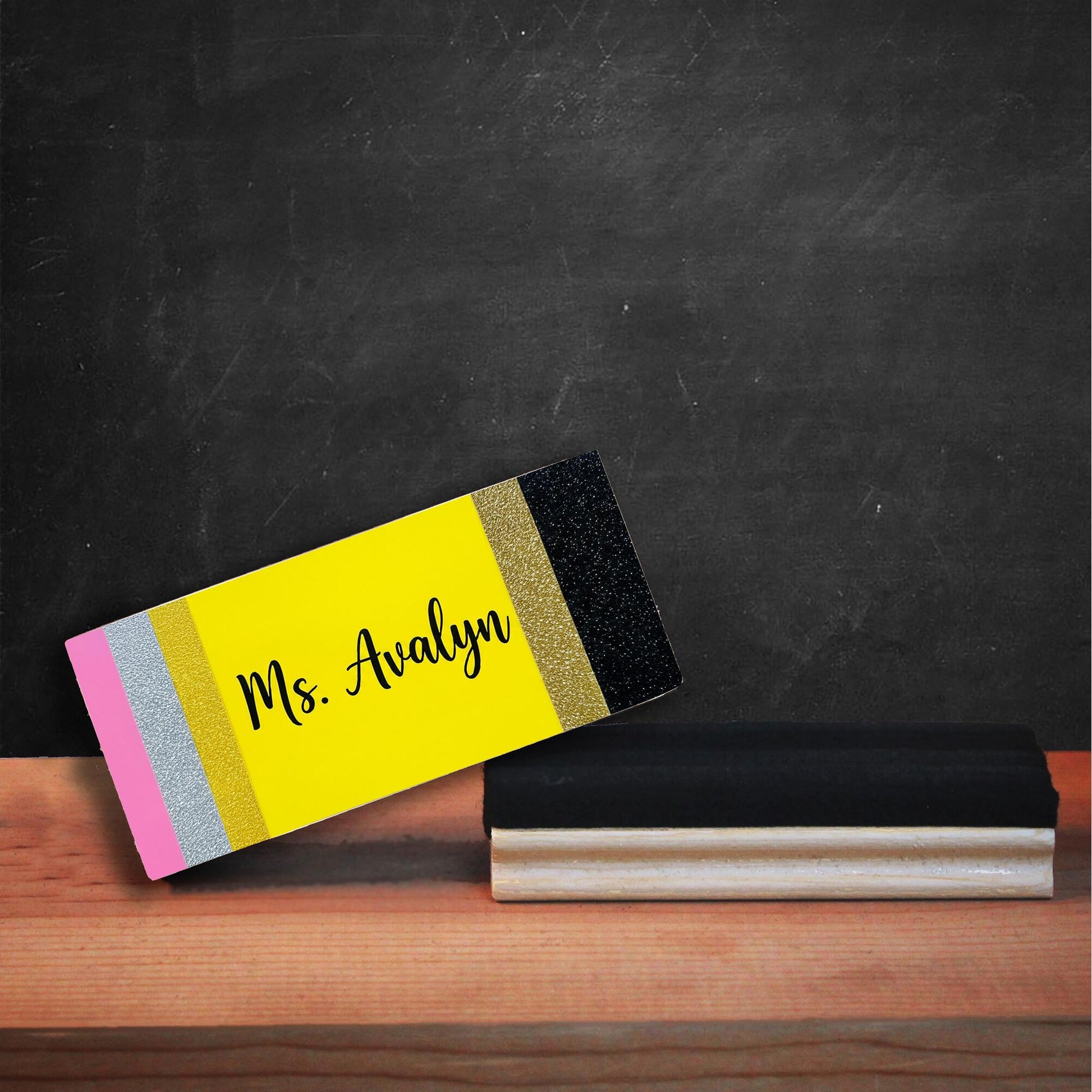 Personalized Chalkboard Eraser, Custom Teacher Gift, Glitter Pencil Design, Classroom Decor, Back to School Name Eraser