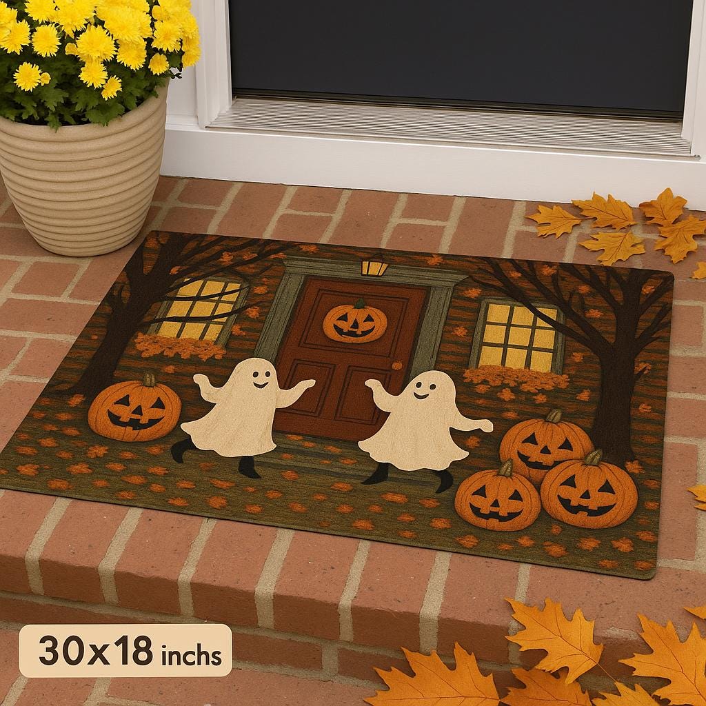 Halloween Ghost Pumpkin Doormat, Fall Front Porch Mat, Cute Spooky Outdoor Rug, Trick or Treat Door Decor for Halloween