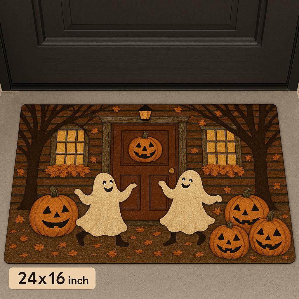 Halloween Ghost Pumpkin Doormat, Fall Front Porch Mat, Cute Spooky Outdoor Rug, Trick or Treat Door Decor for Halloween