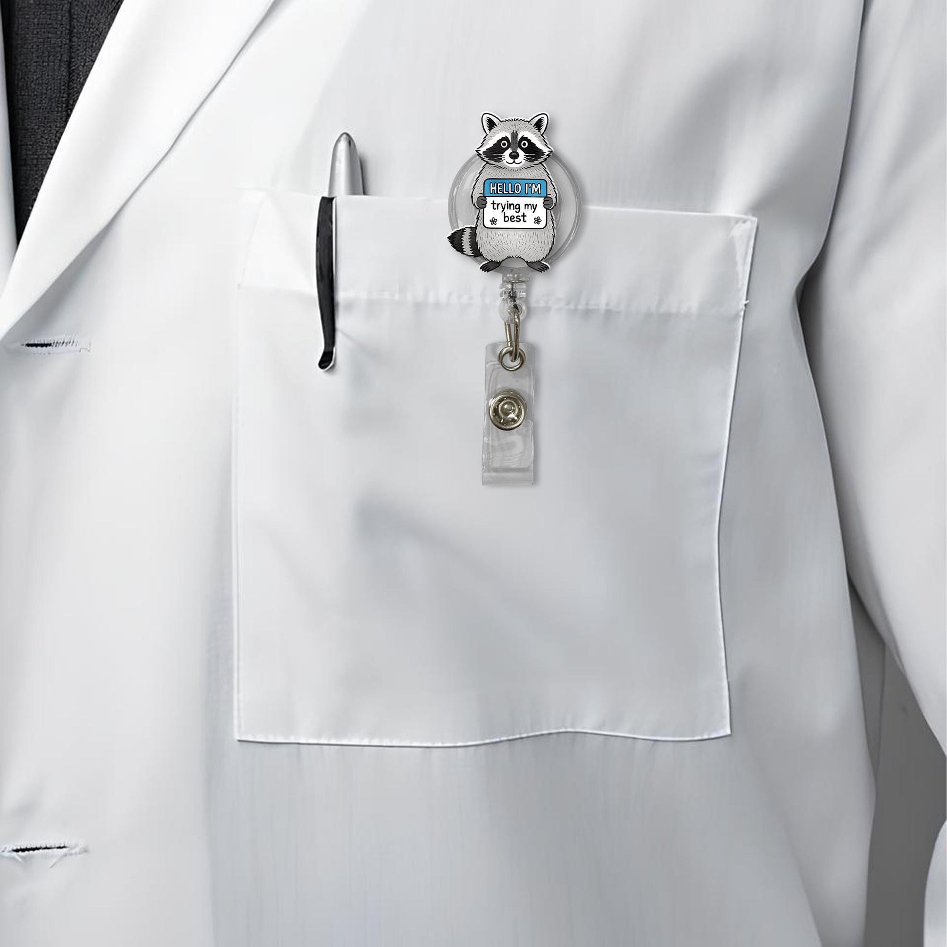 Funny Raccoon Badge Reel, “Hello I'm Trying My Best” ID Holder, Cute Nurse Badge Clip, Retractable Name Tag for Healthcare Workers