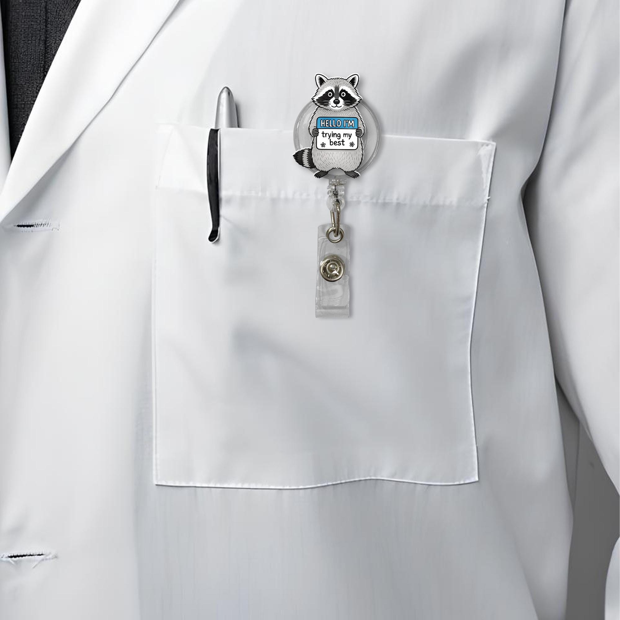 Funny Raccoon Badge Reel, “Hello I'm Trying My Best” ID Holder, Cute Nurse Badge Clip, Retractable Name Tag for Healthcare Workers