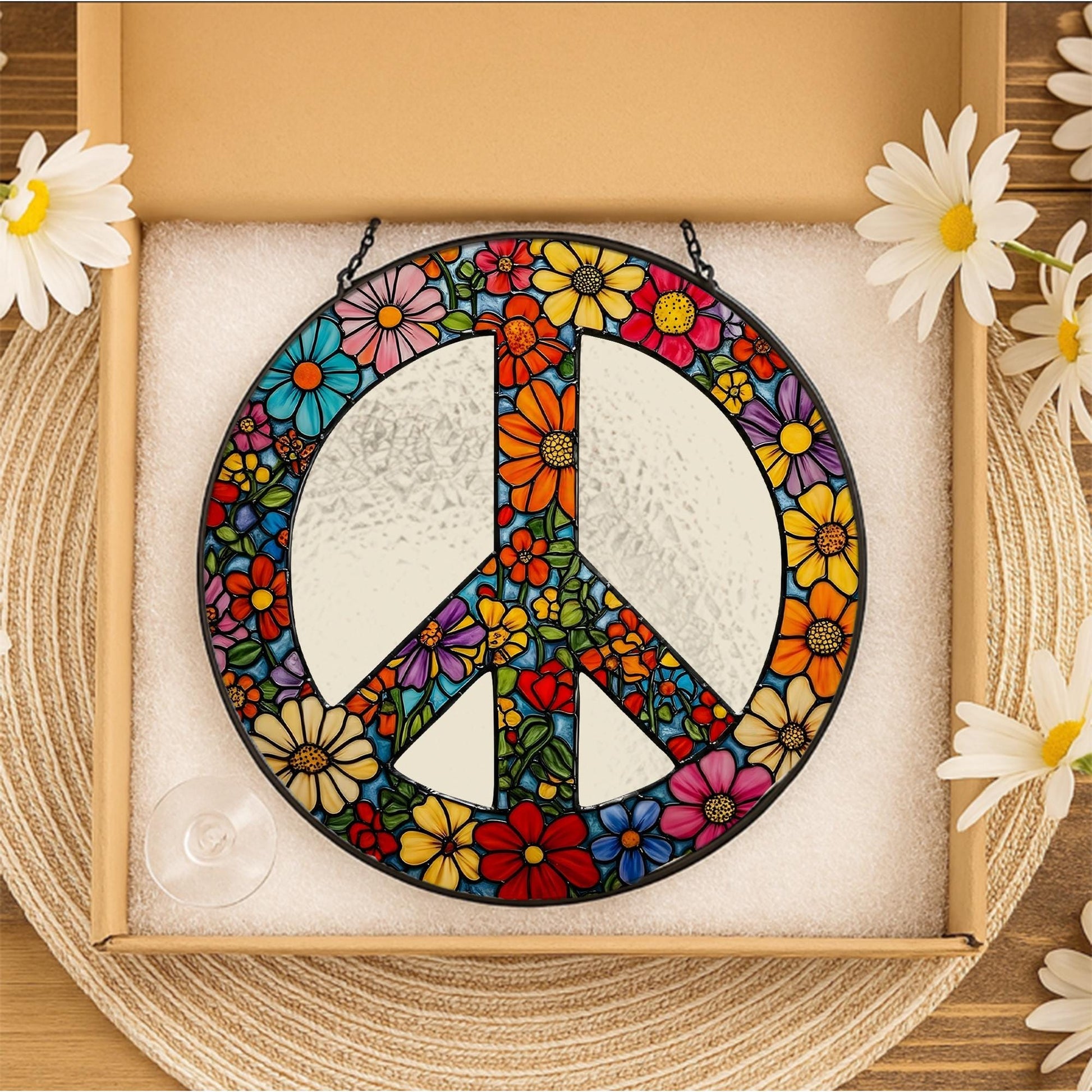 Floral Peace Sign Glass Suncatcher, Boho Window Hanging, Hippie Gift, Colorful Flower Panel, Retro Glass Art Home Decor