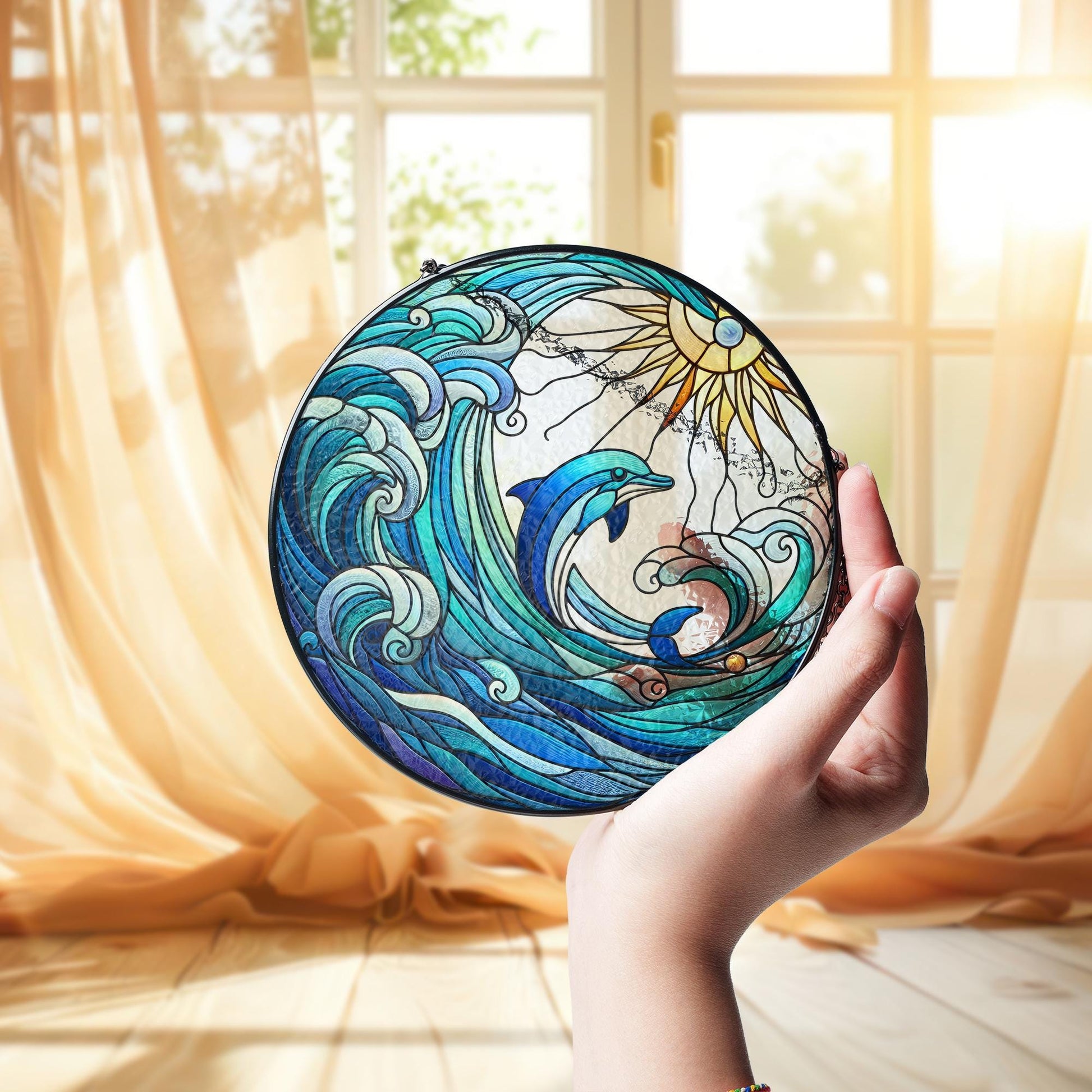 Dolphin Ocean Wave Glass Suncatcher, Coastal Window Hanging, Beach House Decor, Sun and Sea Nautical Glass Art Gift