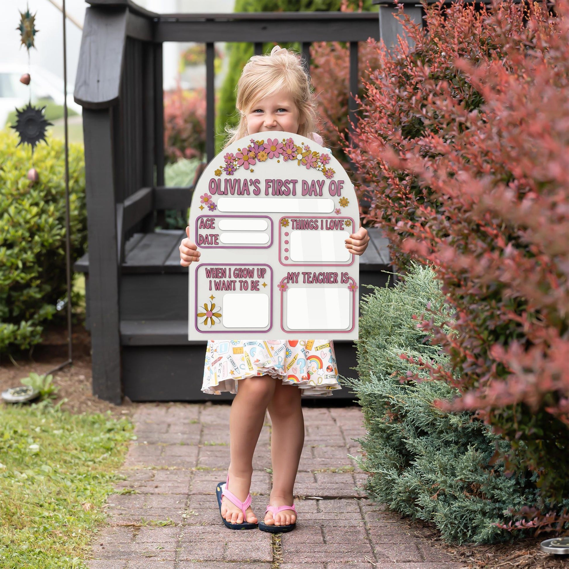Floral First Day of School Board, Personalized Back to School Sign for Girls, Custom Photo Prop, Reusable Milestone Keepsake
