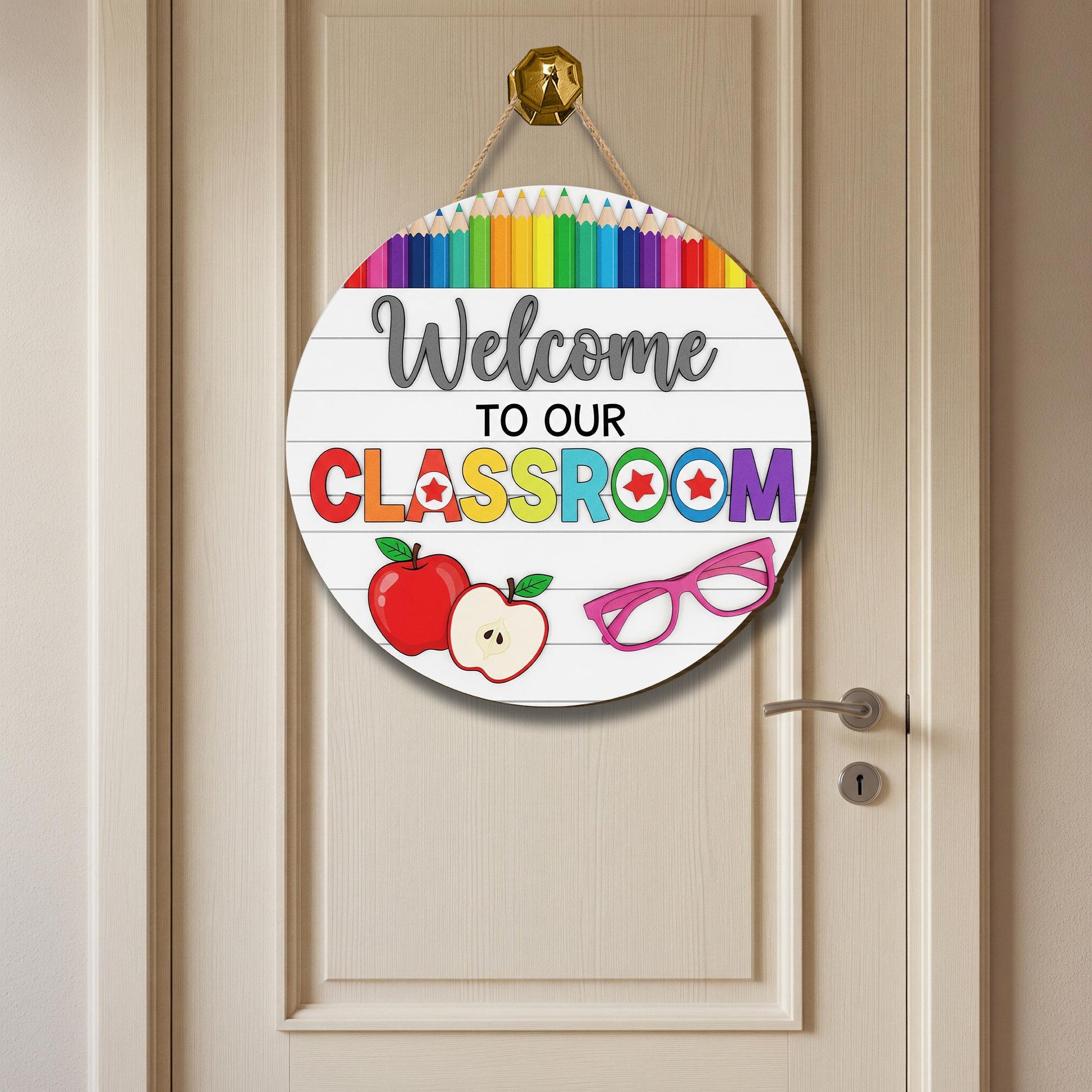 Welcome to Our Classroom 2 Layer Wooden Sign – Colorful Teacher Door Hanger – Rainbow Pencil Classroom Decor – Back to School Wall Sign