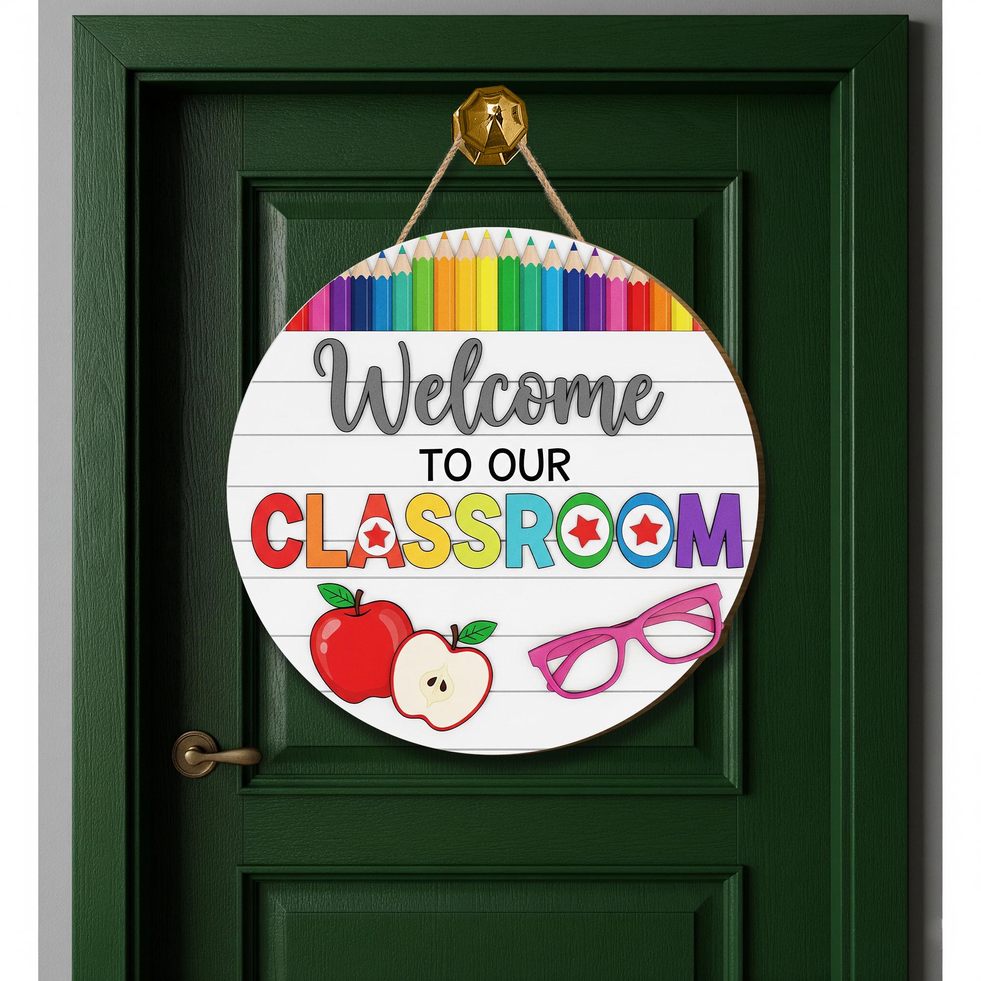 Welcome to Our Classroom 2 Layer Wooden Sign – Colorful Teacher Door Hanger – Rainbow Pencil Classroom Decor – Back to School Wall Sign