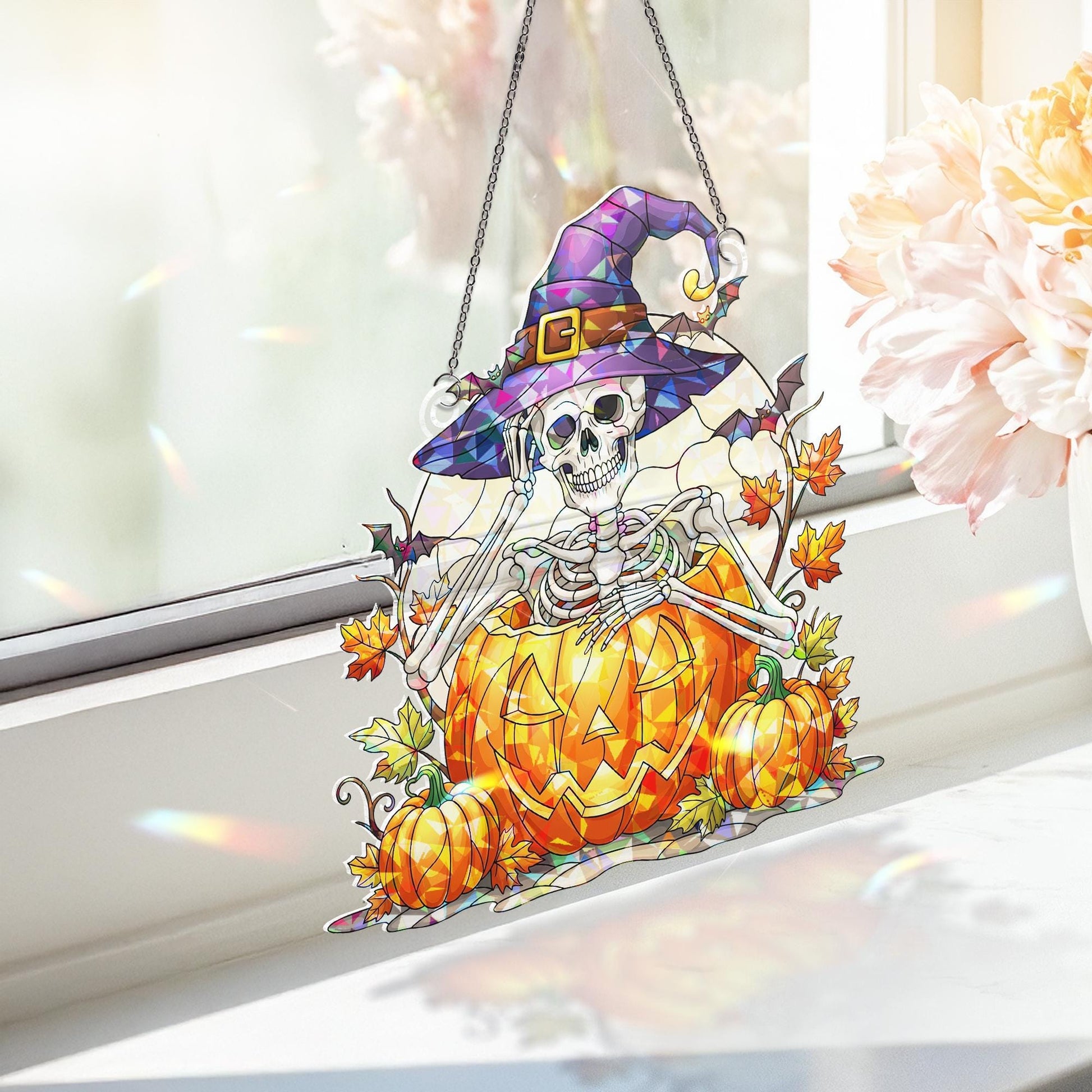 Halloween Skeleton Witch Stained Glass Window Hanging | Pumpkin Autumn Sun Catcher Decor | Spooky Cute Fall Gift