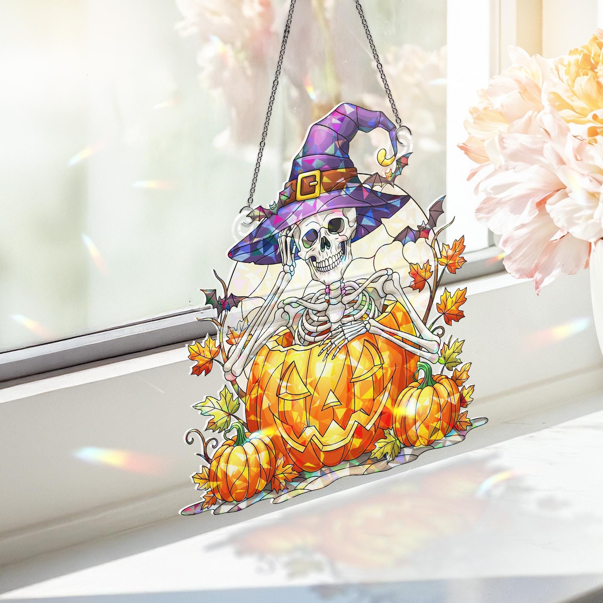 Halloween Skeleton Witch Stained Glass Window Hanging | Pumpkin Autumn Sun Catcher Decor | Spooky Cute Fall Gift