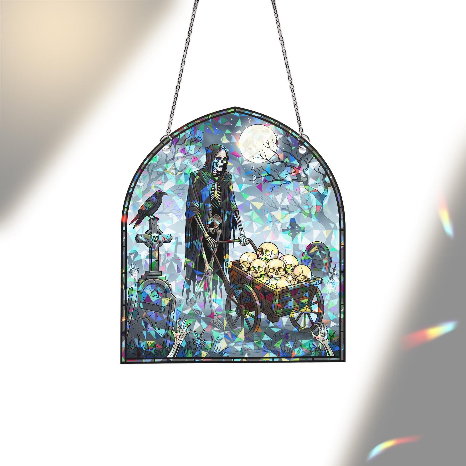 Skeleton Skull Cart Halloween Stained Glass Window Hanging | Gothic Graveyard Decor | Spooky Horror Fall Gift
