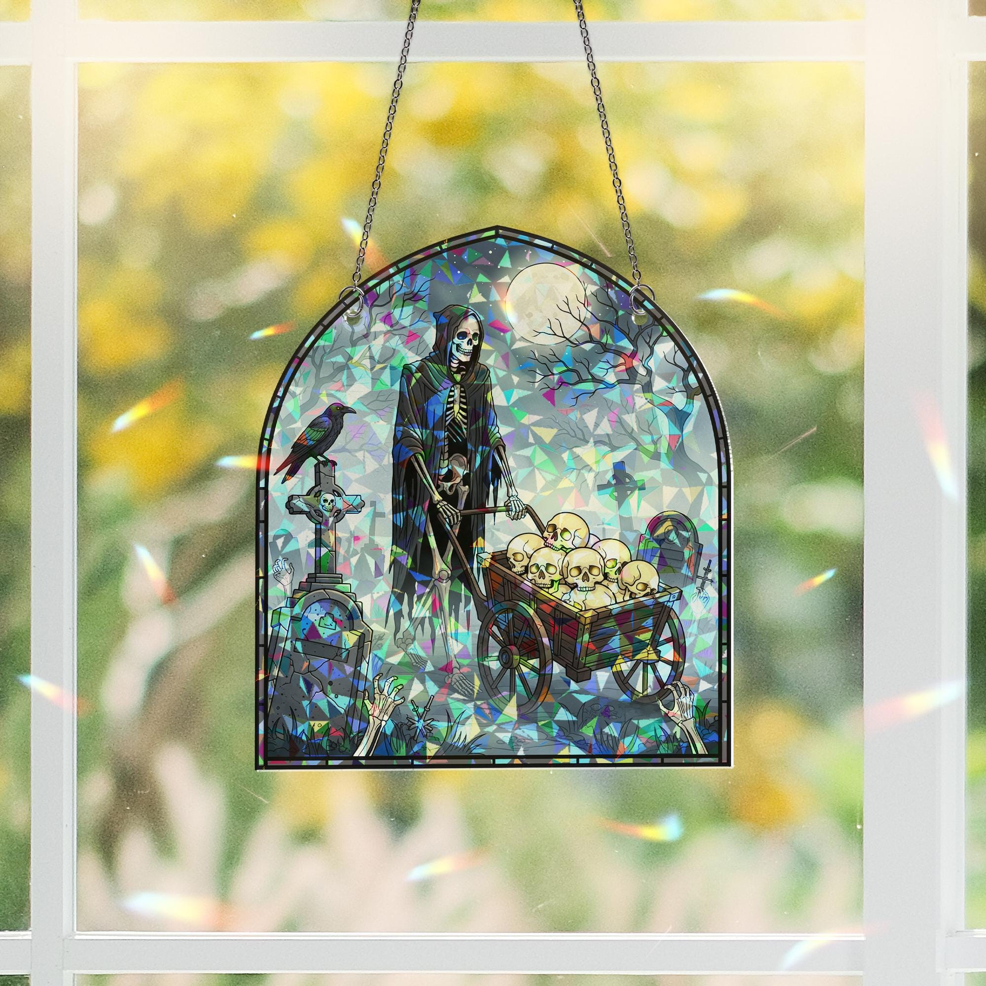 Skeleton Skull Cart Halloween Stained Glass Window Hanging | Gothic Graveyard Decor | Spooky Horror Fall Gift