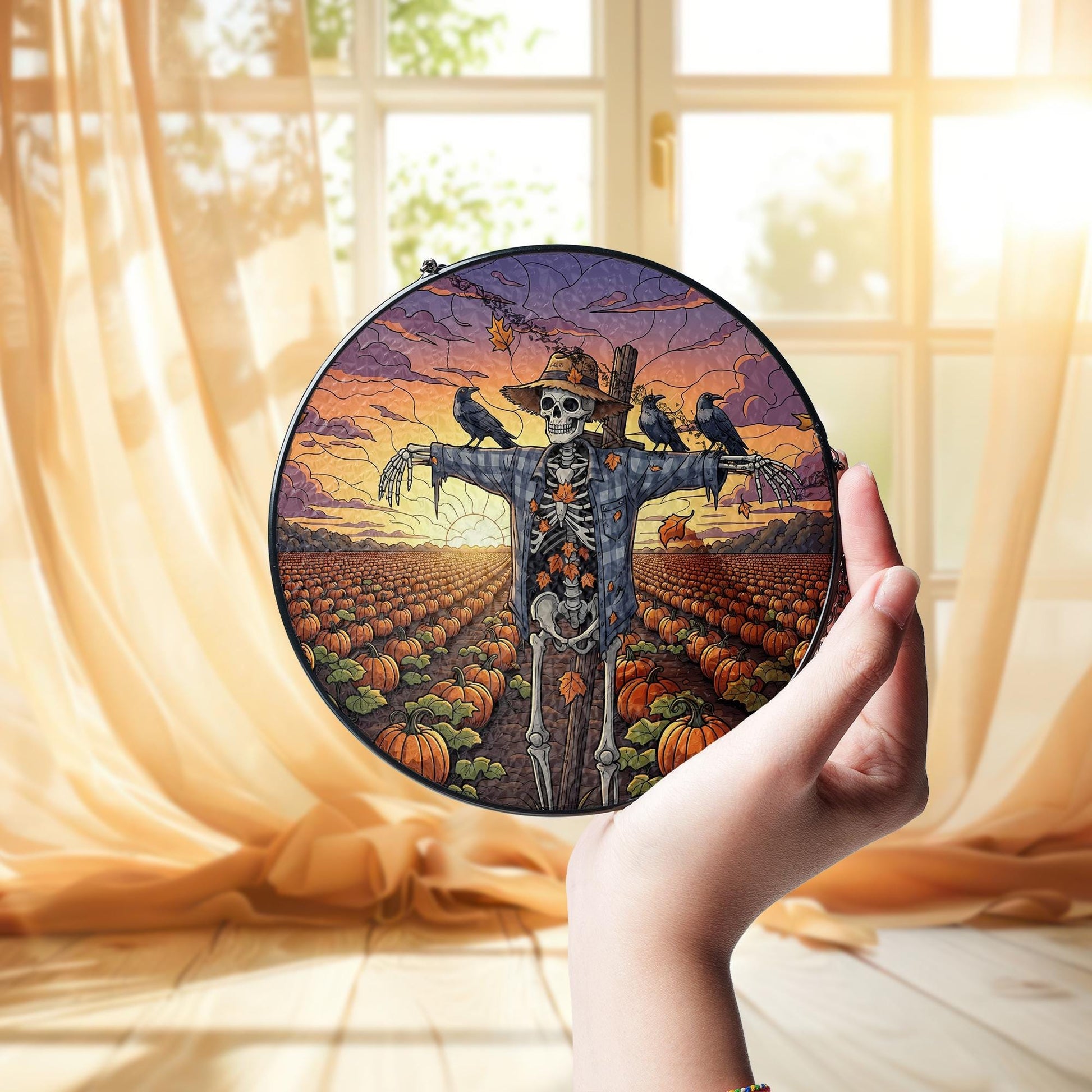 Skeleton Scarecrow Sun Catcher – Spooky Pumpkin Patch Halloween Decor, Gothic Fall Window Hanging