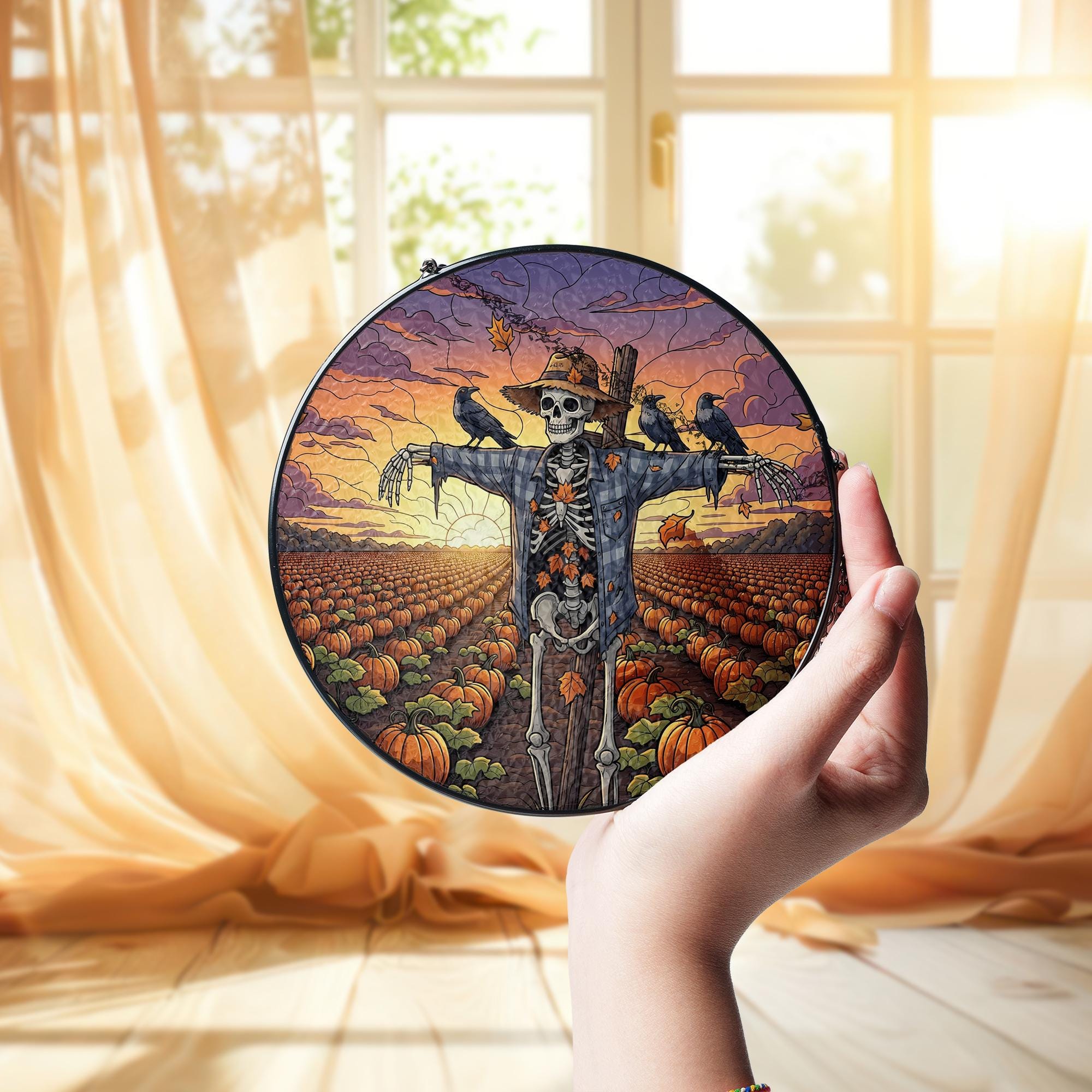 Skeleton Scarecrow Sun Catcher – Spooky Pumpkin Patch Halloween Decor, Gothic Fall Window Hanging