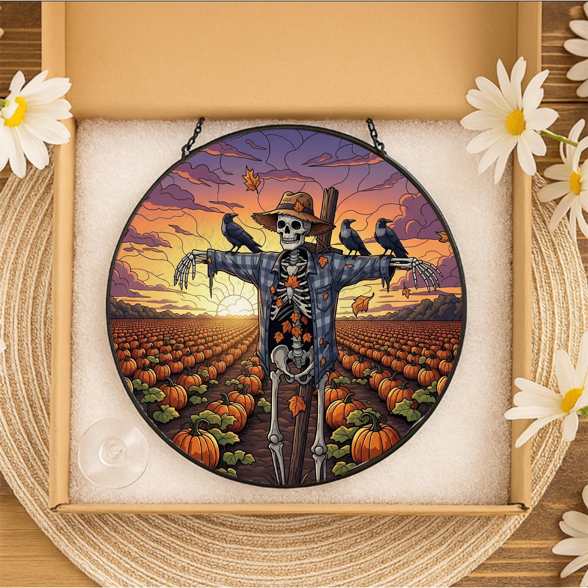 Skeleton Scarecrow Sun Catcher – Spooky Pumpkin Patch Halloween Decor, Gothic Fall Window Hanging