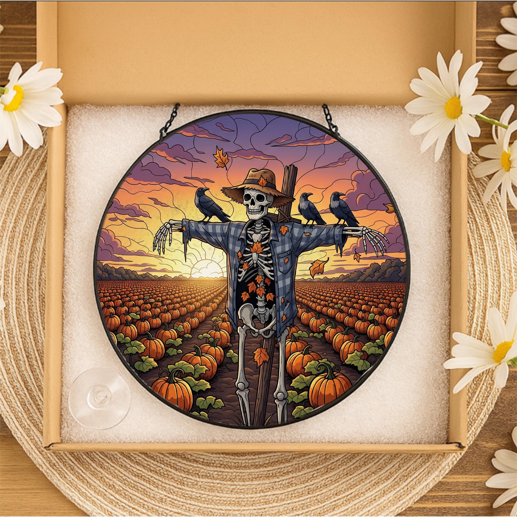 Skeleton Scarecrow Sun Catcher – Spooky Pumpkin Patch Halloween Decor, Gothic Fall Window Hanging