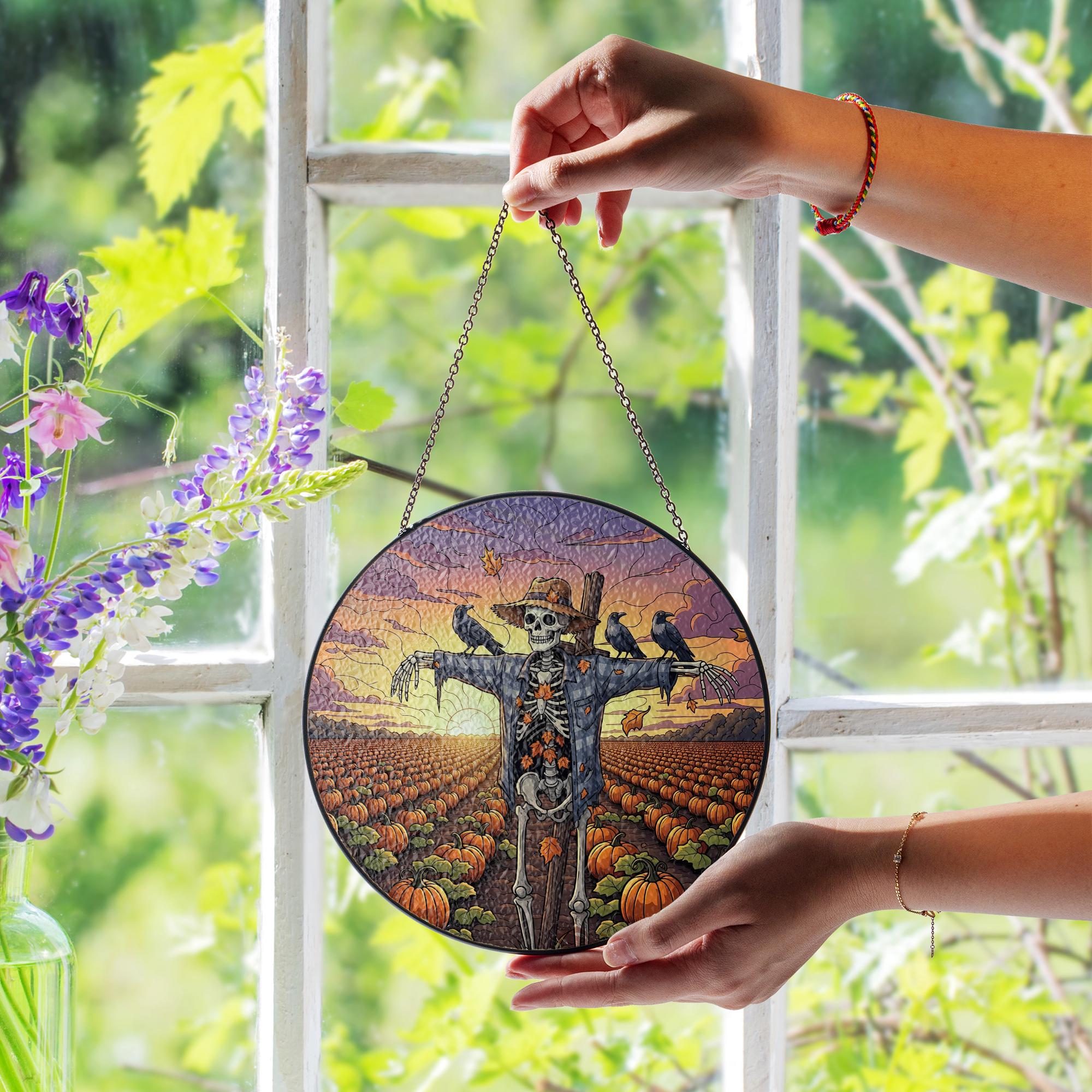 Skeleton Scarecrow Sun Catcher – Spooky Pumpkin Patch Halloween Decor, Gothic Fall Window Hanging