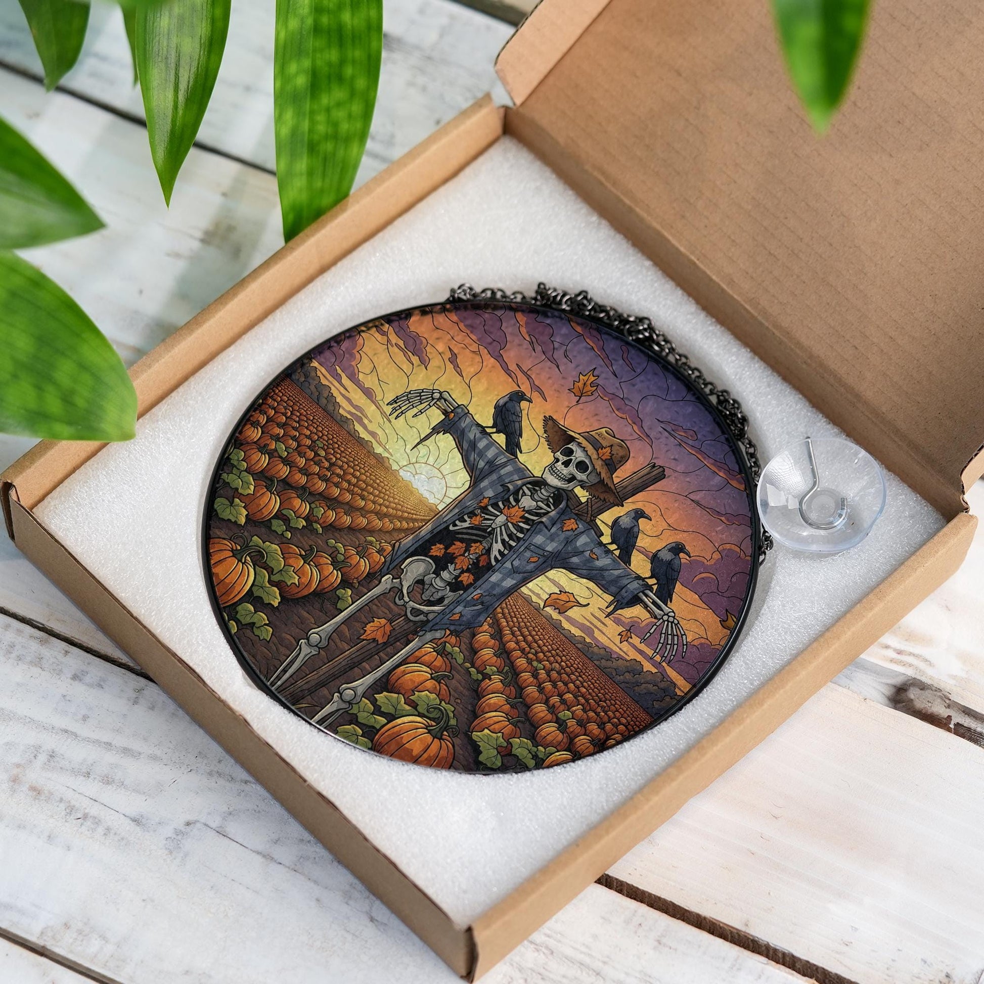 Skeleton Scarecrow Sun Catcher – Spooky Pumpkin Patch Halloween Decor, Gothic Fall Window Hanging