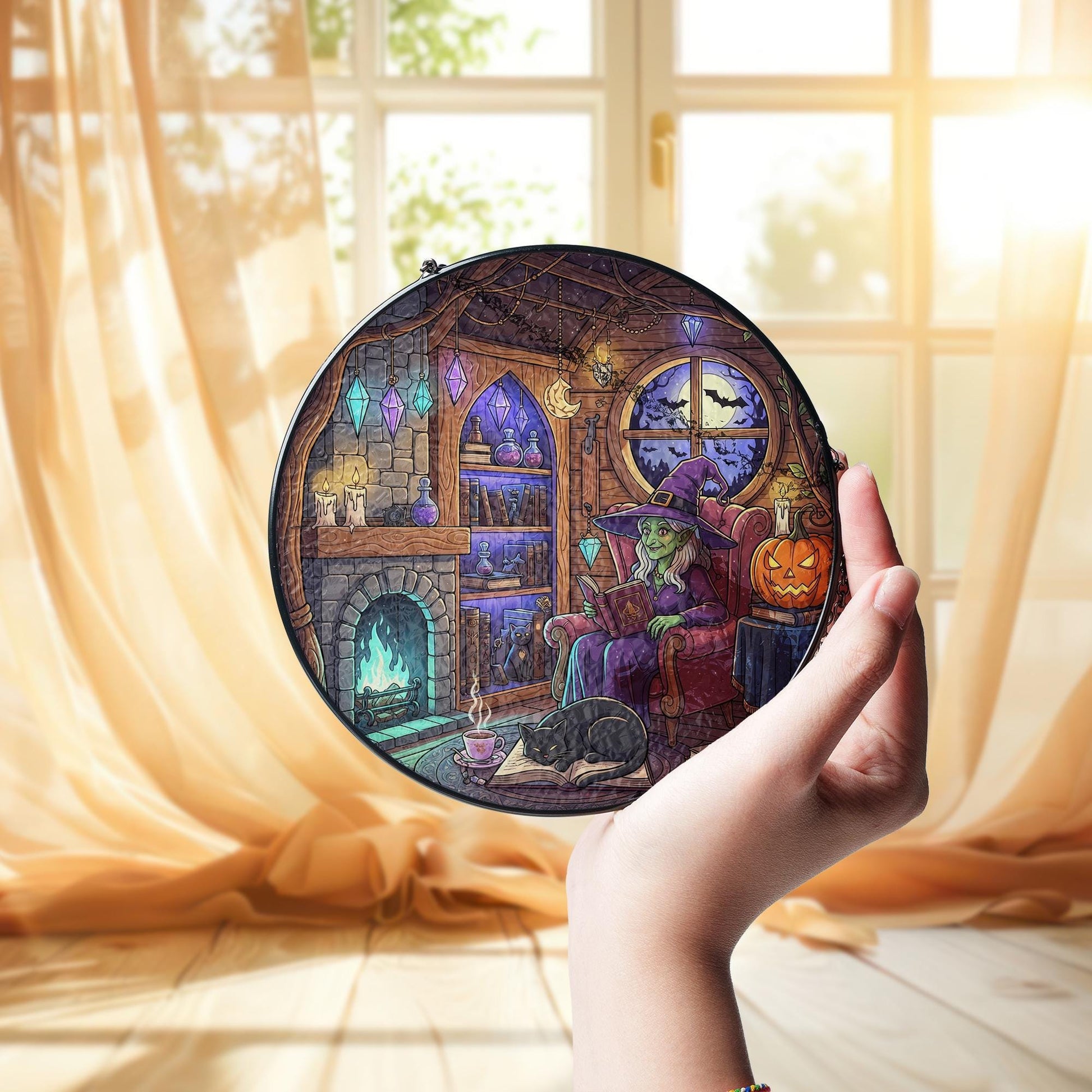 Cozy Witch Sun Catcher – Halloween Gothic Home Decor, Witch Room Window Art, Fall Witchy Gift