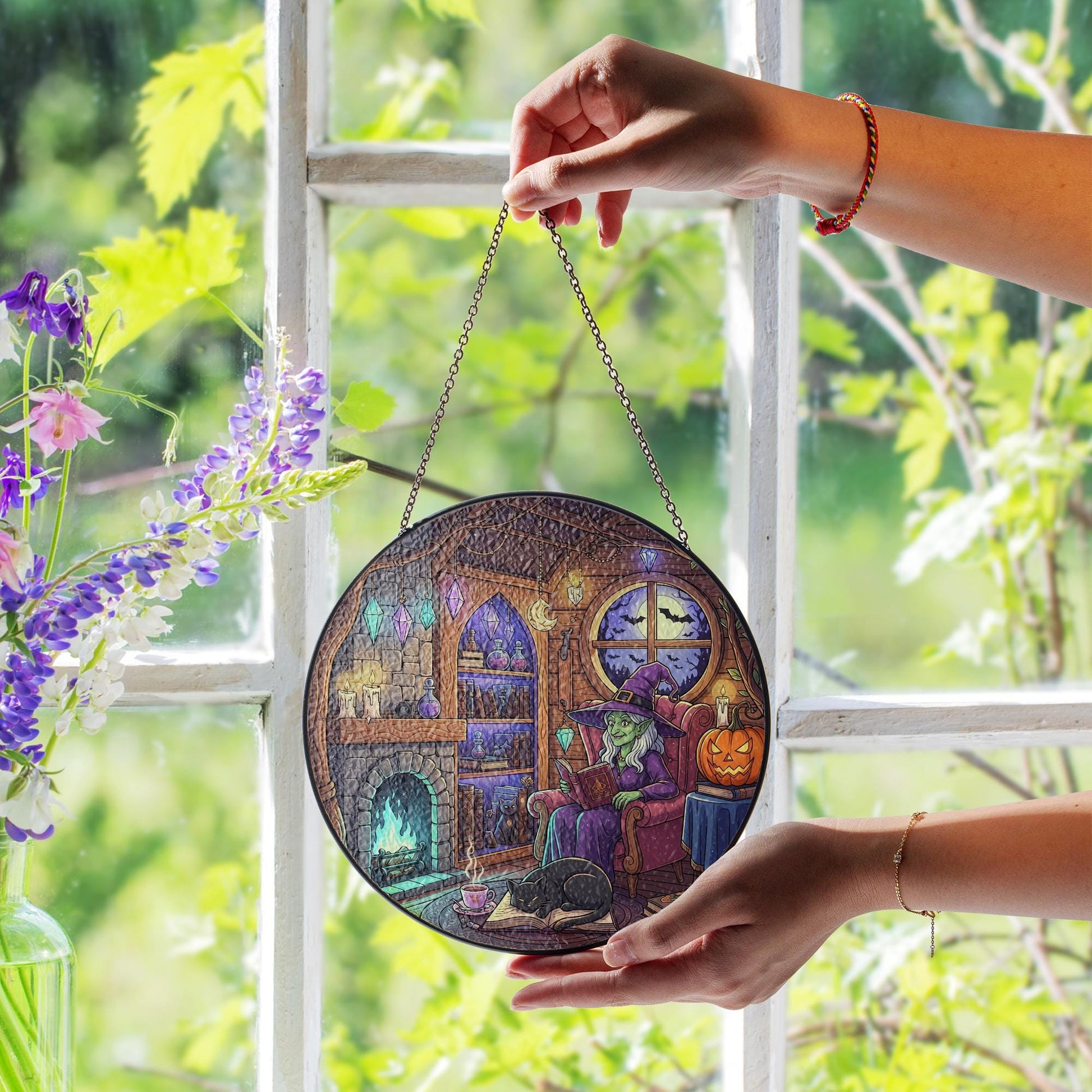Cozy Witch Sun Catcher – Halloween Gothic Home Decor, Witch Room Window Art, Fall Witchy Gift