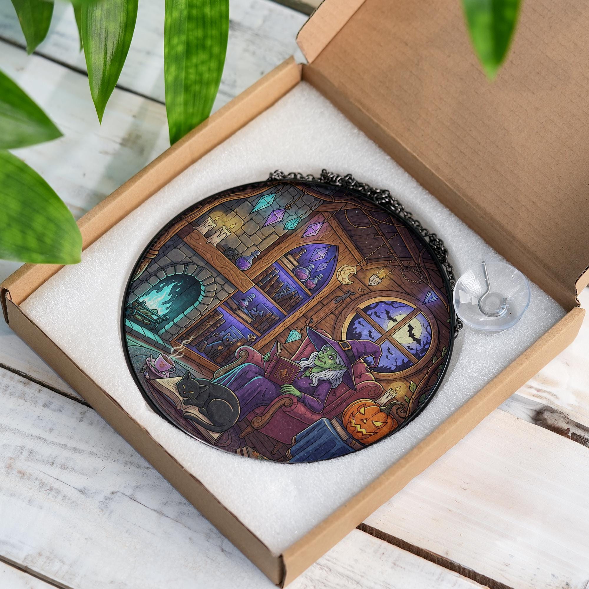 Cozy Witch Sun Catcher – Halloween Gothic Home Decor, Witch Room Window Art, Fall Witchy Gift