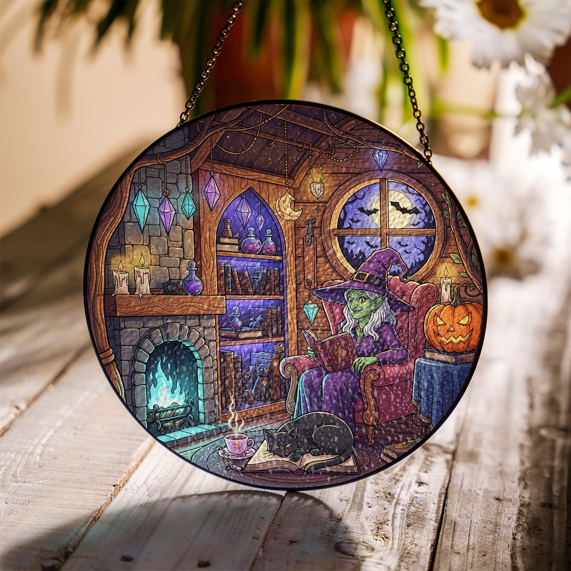 Cozy Witch Sun Catcher – Halloween Gothic Home Decor, Witch Room Window Art, Fall Witchy Gift