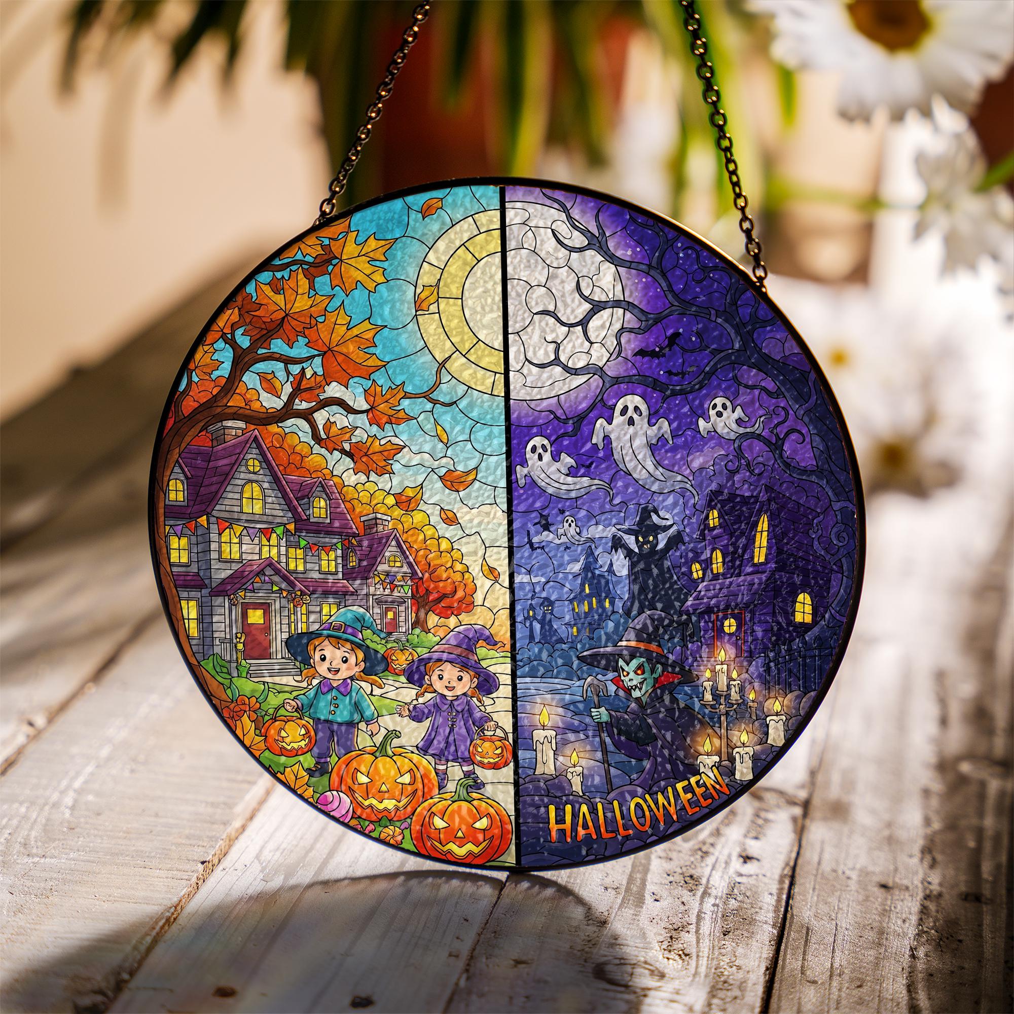 Halloween Split Scene Sun Catcher – Cute & Spooky Fall Window Decor, Trick or Treat Kids Art