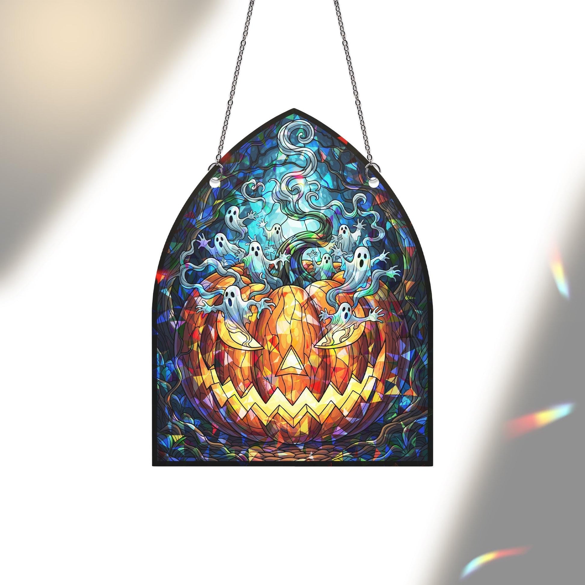 Ghost Pumpkin Sun Catcher – Gothic Halloween Window Decor, Haunted Jack-o’-Lantern Art Glass